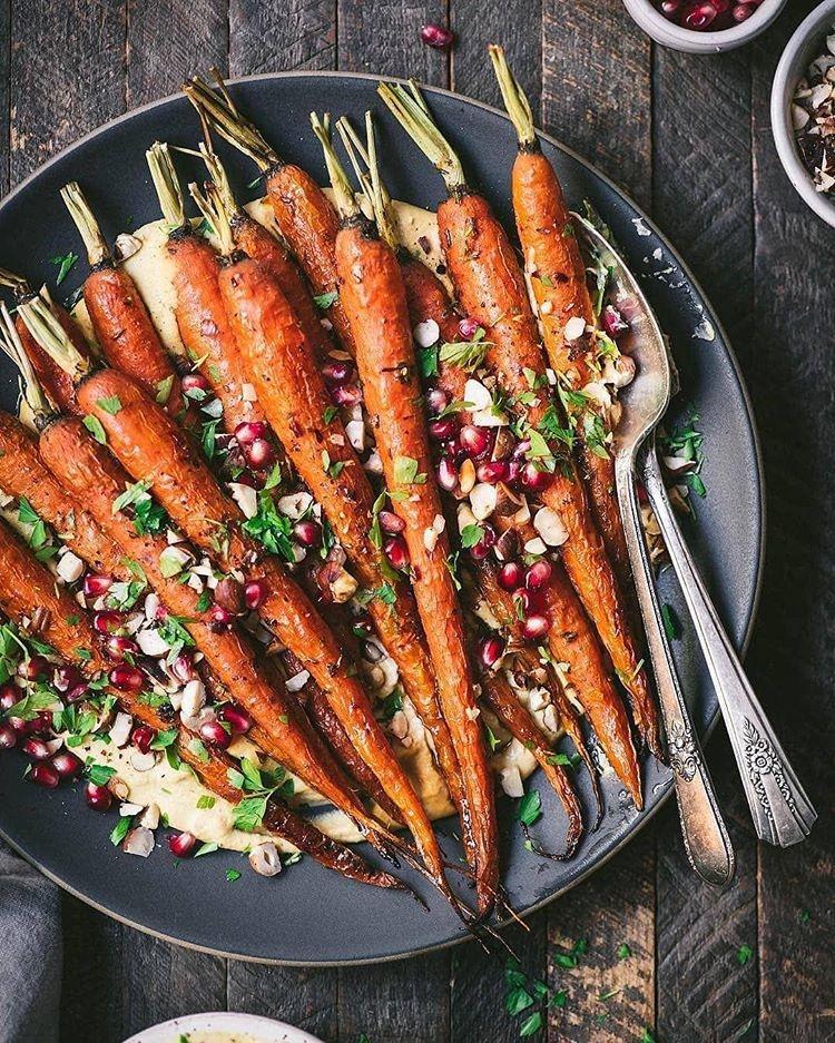 Harissa Roasted Carrots with Toasted Hazelnuts and Pomegranate Seeds