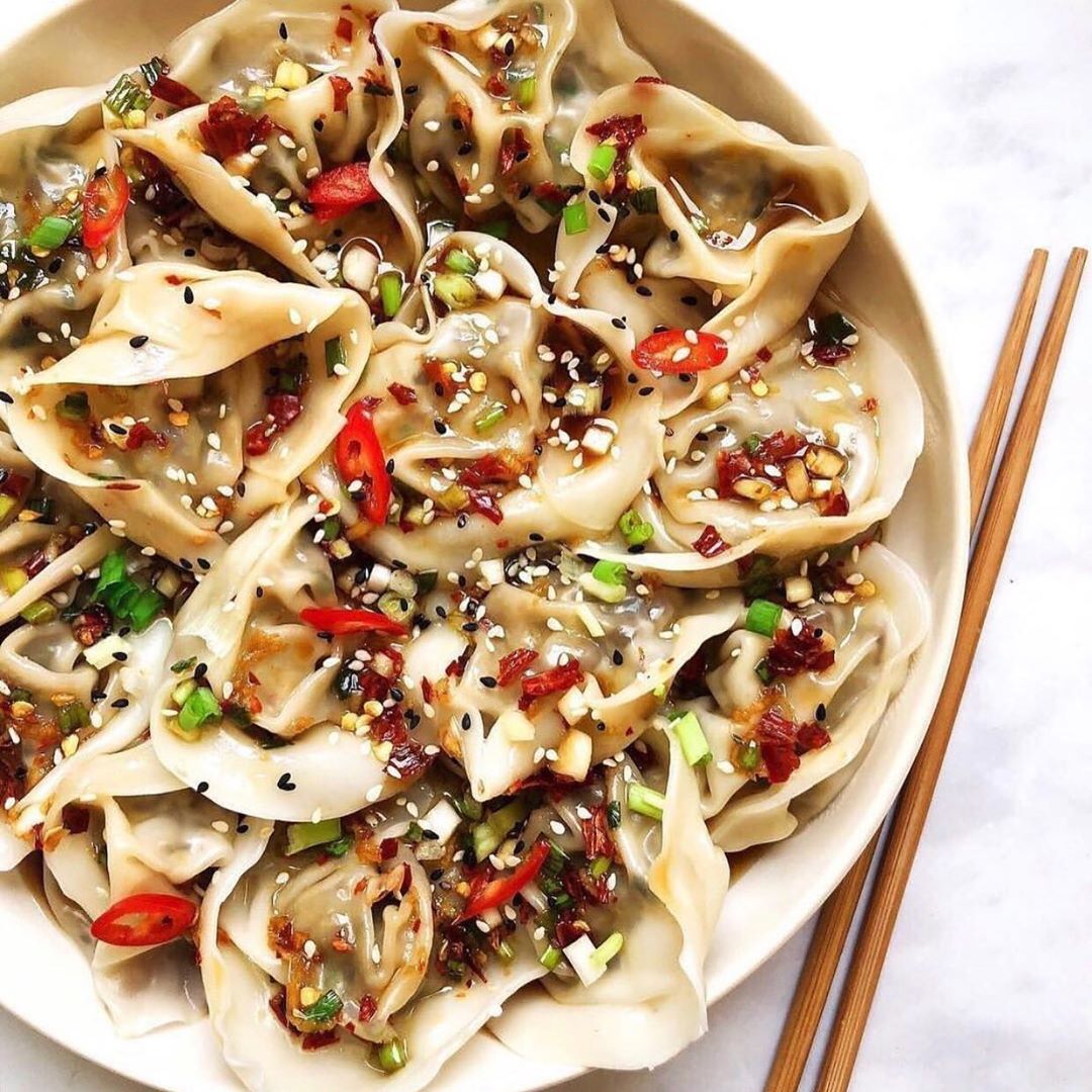 Vegan Chestnut Mushroom Dumplings with Chili Oil Sauce