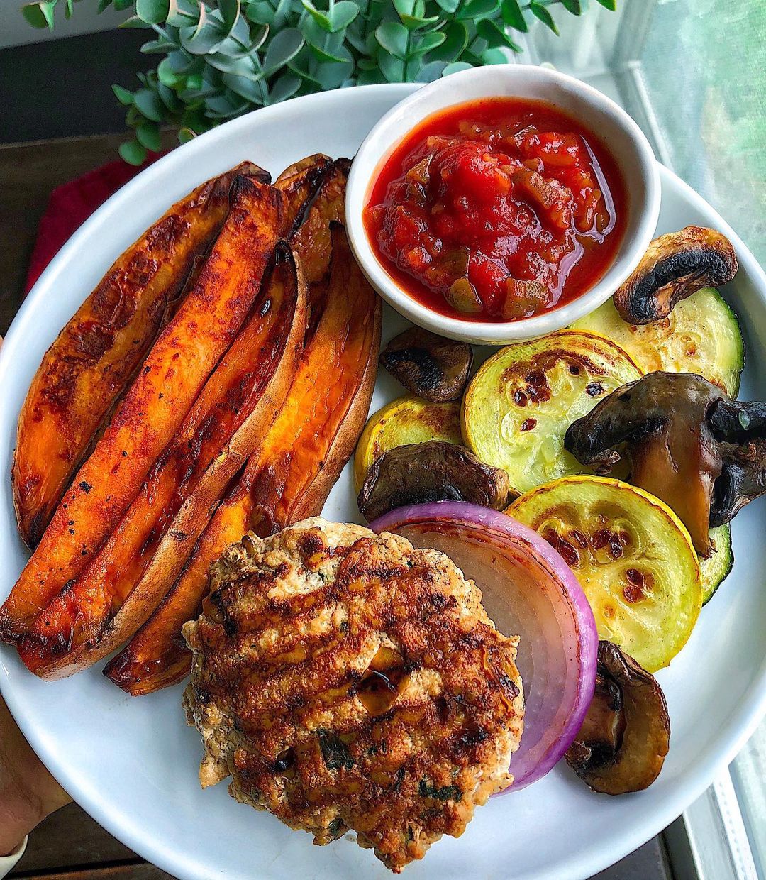 Late Lunch Today with Leftover Chipotle Chicken Burgers + Sweet Potato Fries + Sautéed Veggies