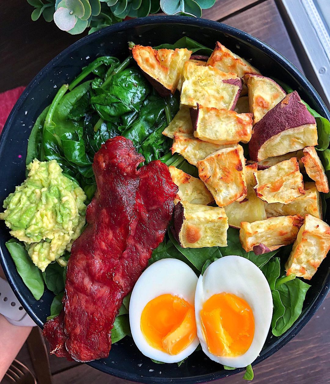 Savory Veggie Bowl with Japanese Sweet Potatoes and Bacon