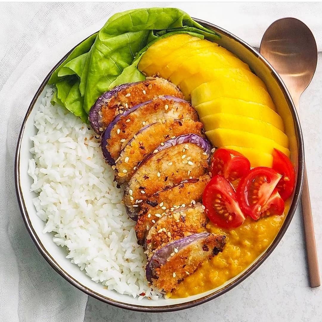 Healthy Vegan Bowl with Crunchy Eggplant Bites