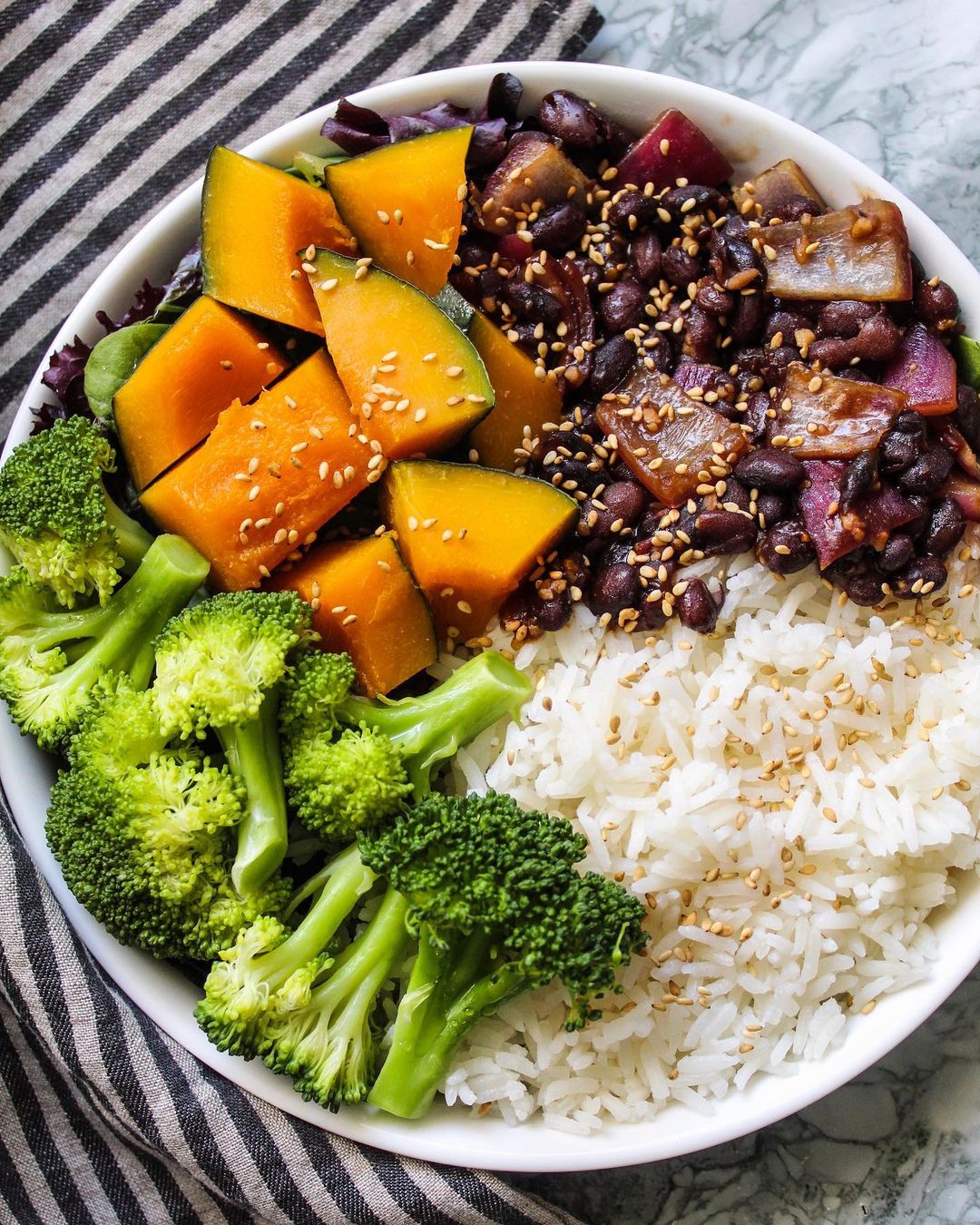 Simple Bowl with Rice, Veggies, and Seasoned Beans
