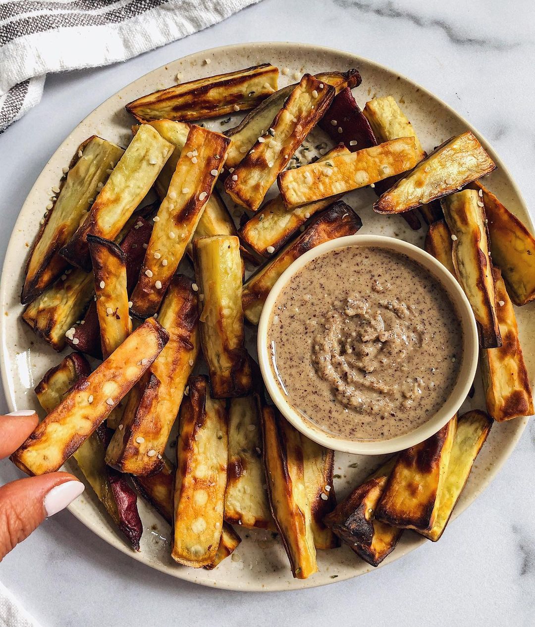 Crispy Japanese Sweet Potato Fries with Almond Butter