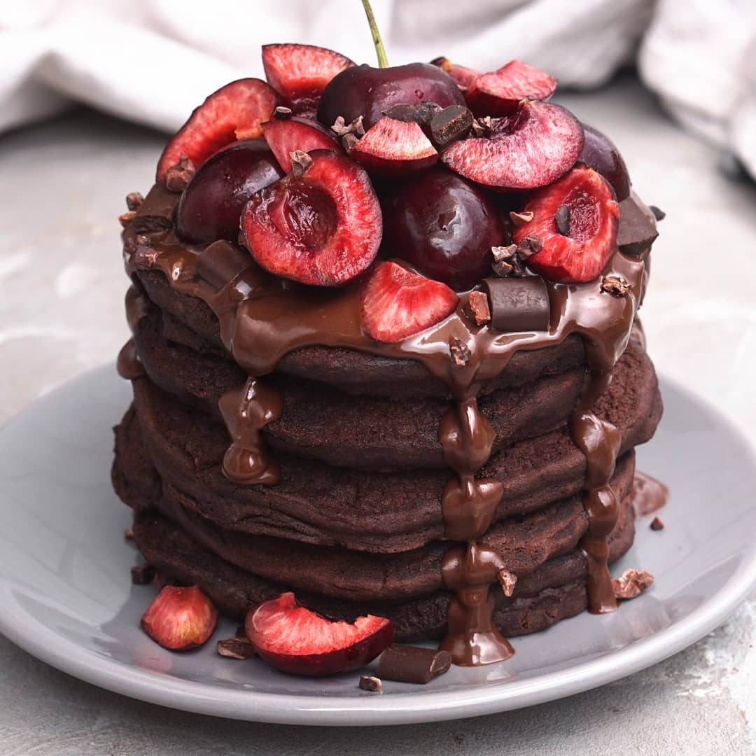 Fluffy Gluten-Free Chocolate Pancakes with Cherries