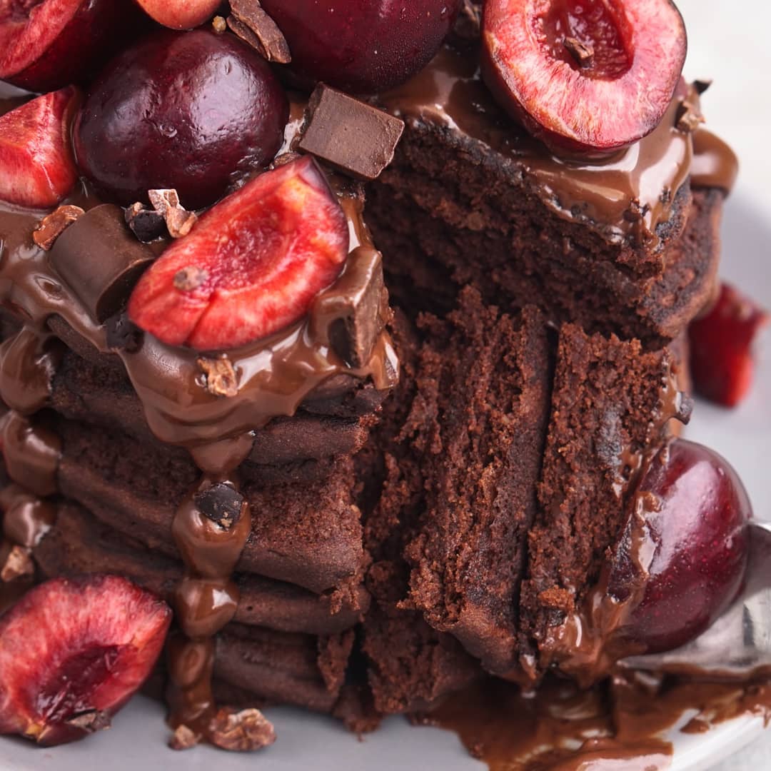 Fluffy Gluten-Free Chocolate Pancakes with Cherries