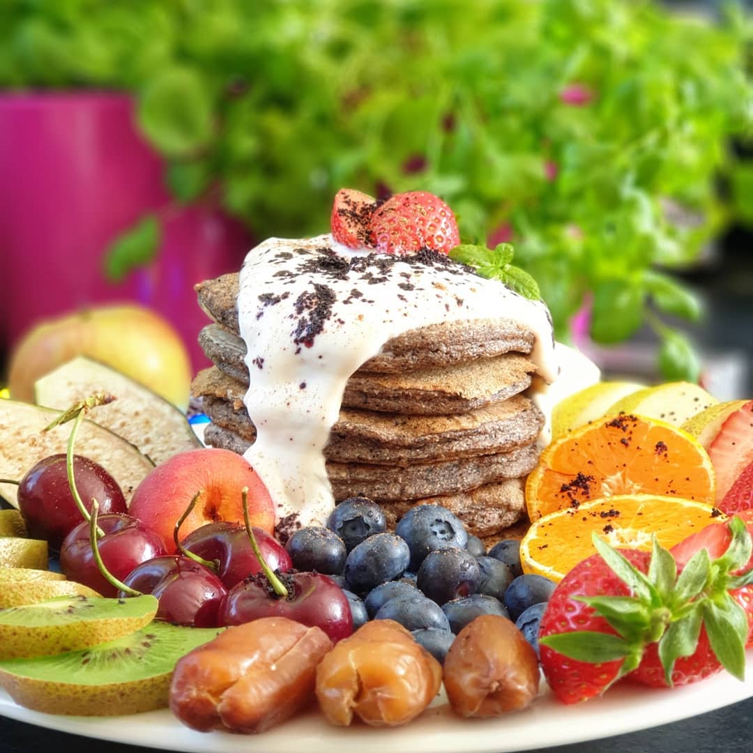 Wholegrain Acai Coconut Pancakes with Maca Latte