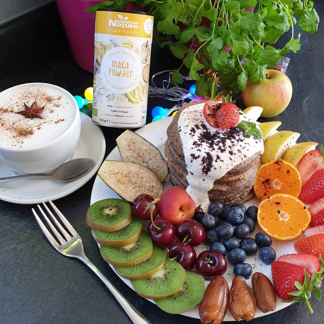 Wholegrain Acai Coconut Pancakes with Maca Latte