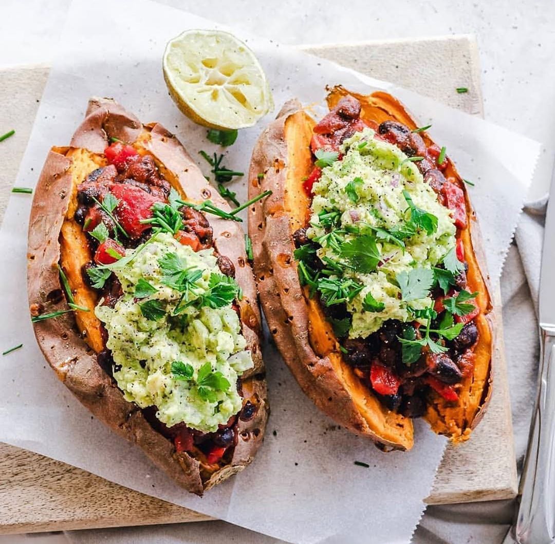 Stuffed Sweet Potatoes with Beans and Guacamole