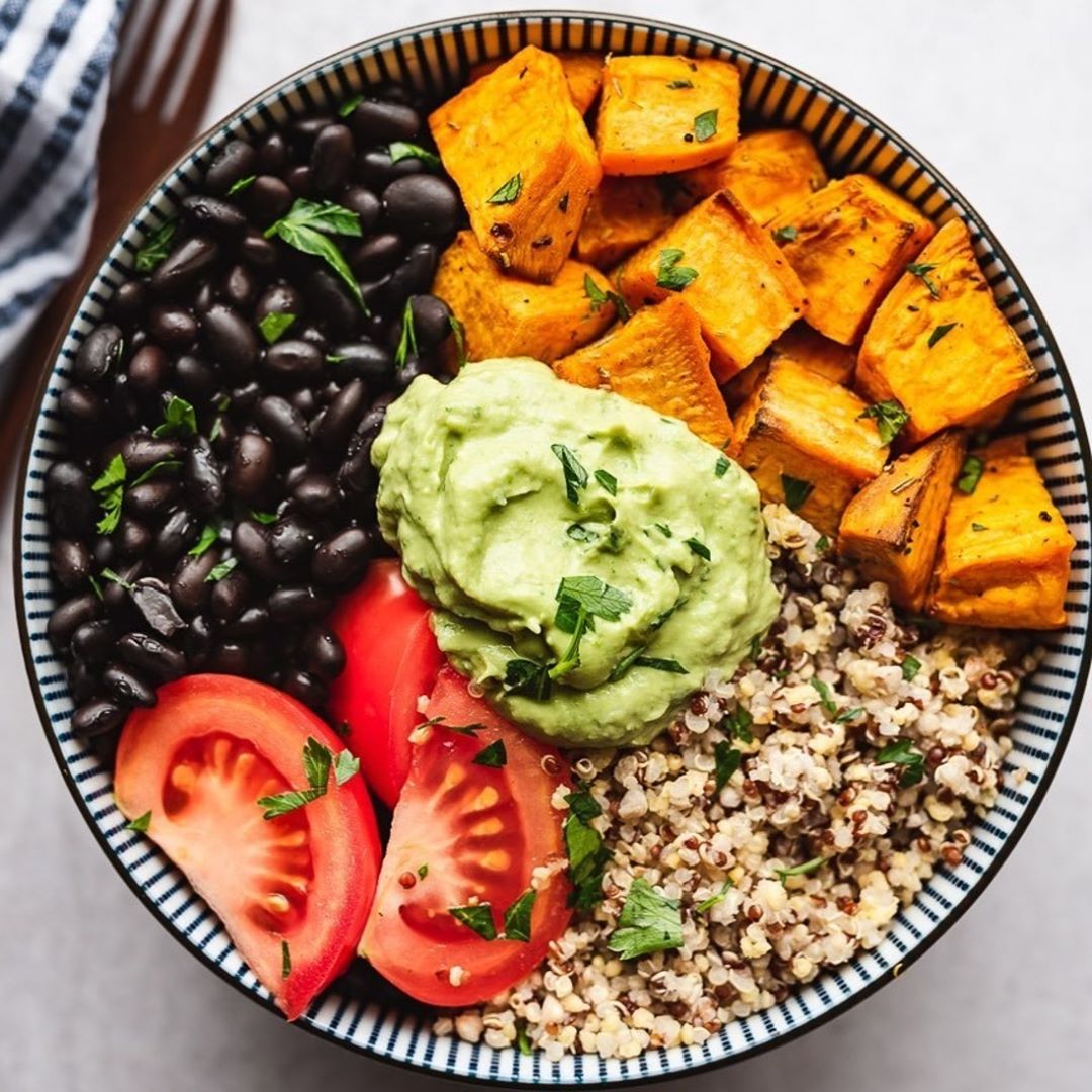 Cuban Black Beans with Avocado Dressing and Air-Fryer Sweet Potatoes