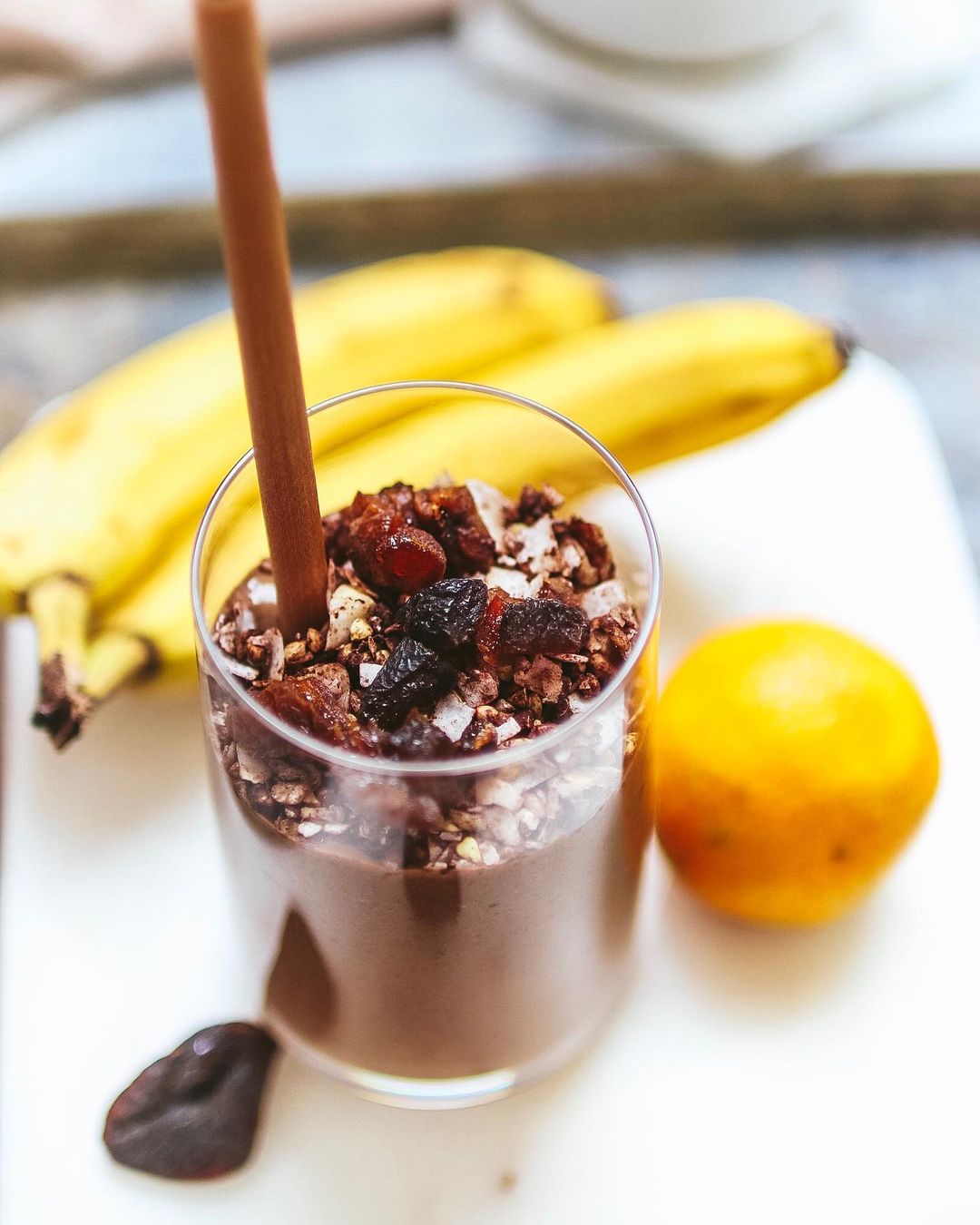 Cacao and Clementine Smoothie with Nutty Granola and Apricots
