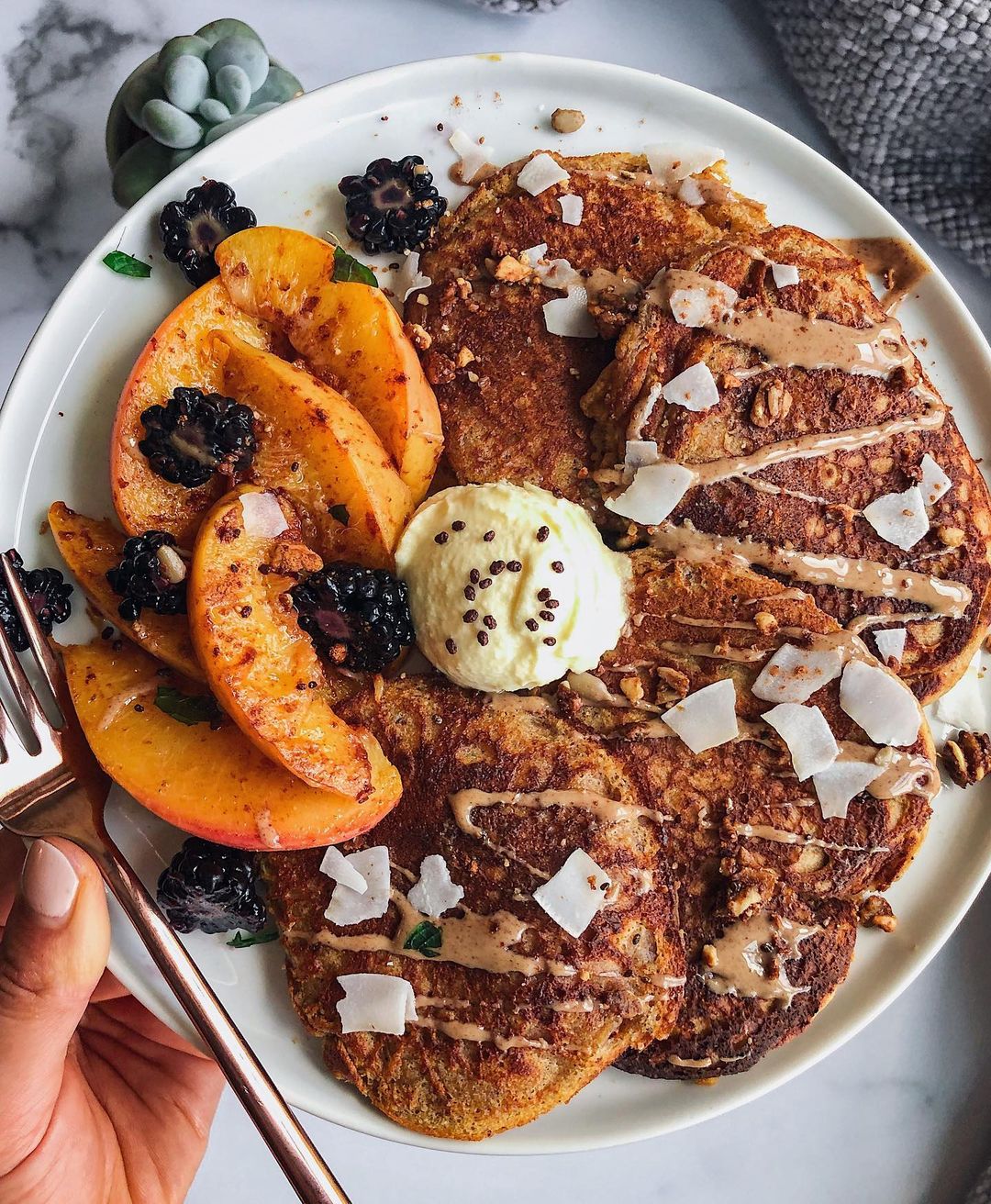 Peach and Cream Sweet Potato Pancakes