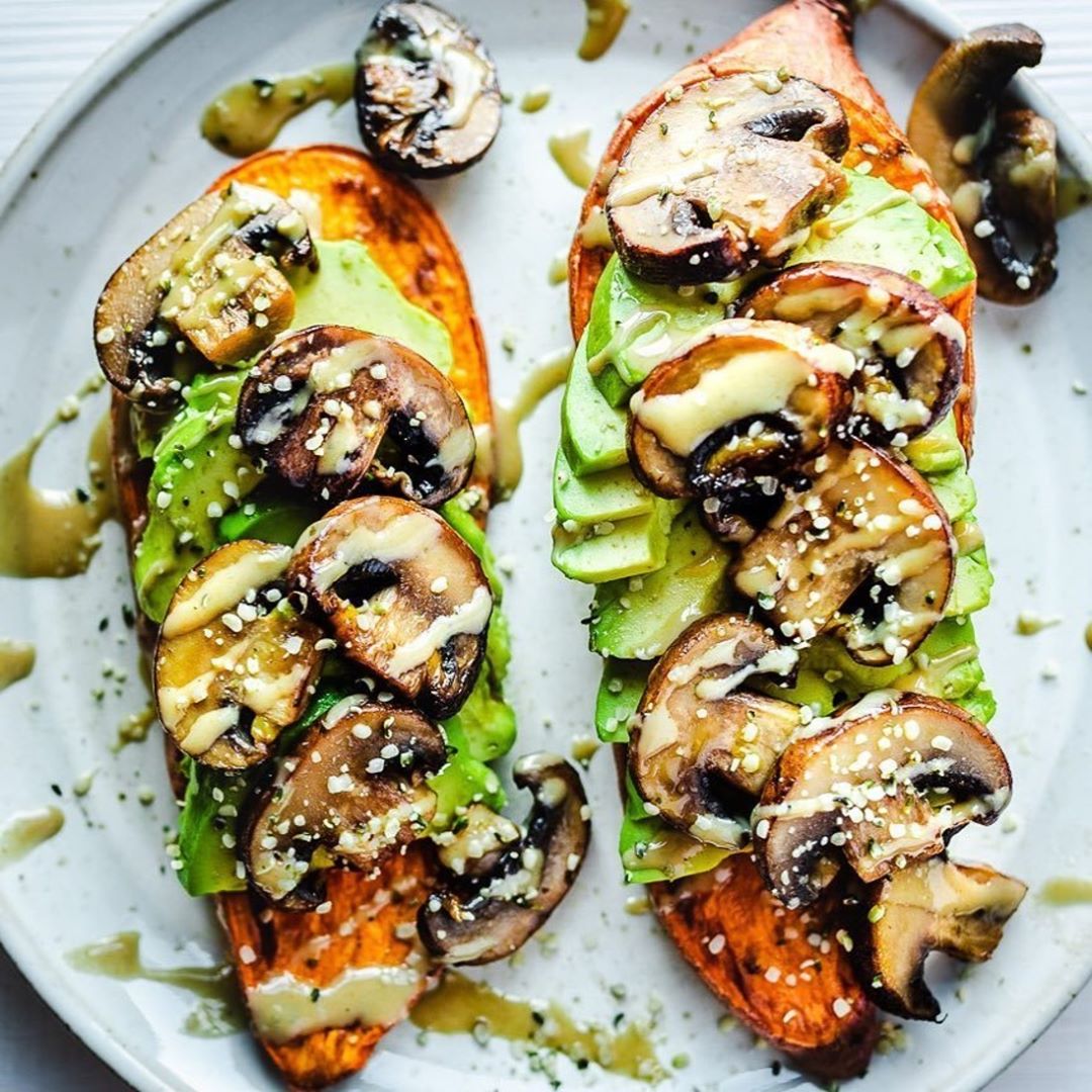 Maple Soy Glazed Mushrooms on Sweet Potato Toasts
