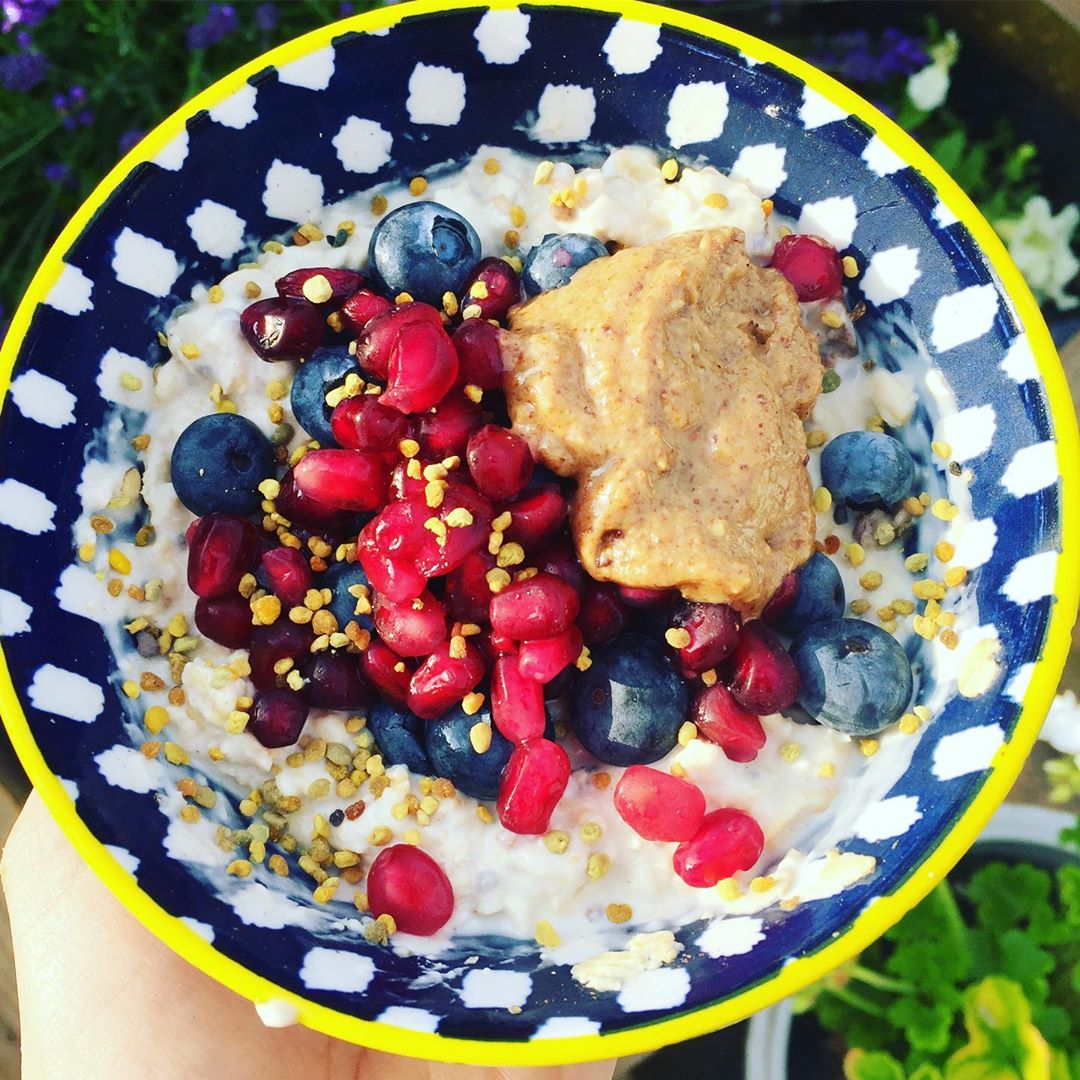 Overnight Bircher Bowl and Hazelnut Iced Matcha