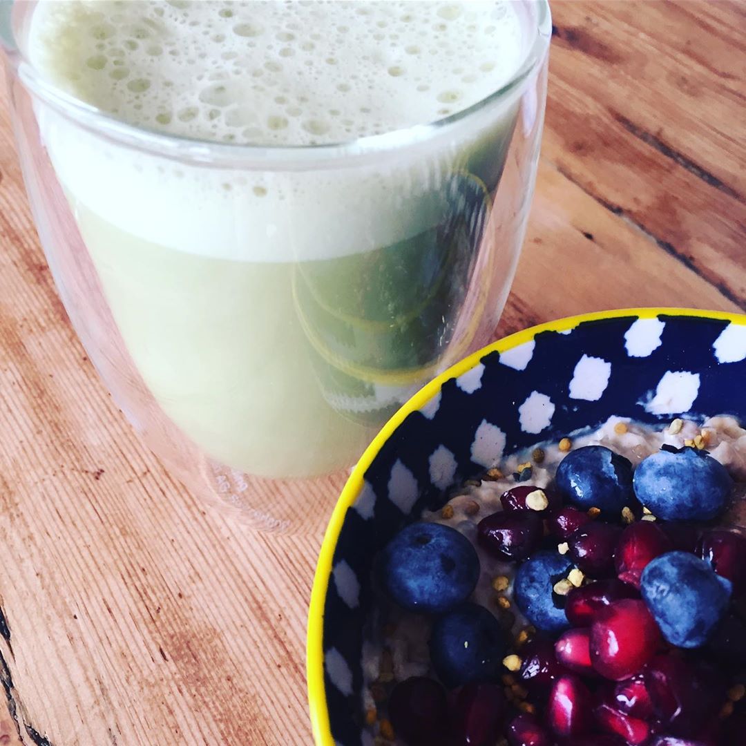 Overnight Bircher Bowl and Hazelnut Iced Matcha