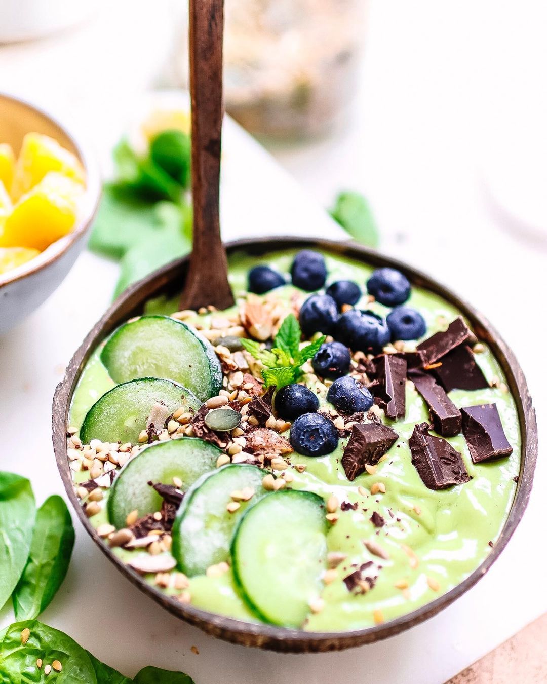 Cooling Green Smoothie Bowl with Walnuts, Avocado, and Spinach
