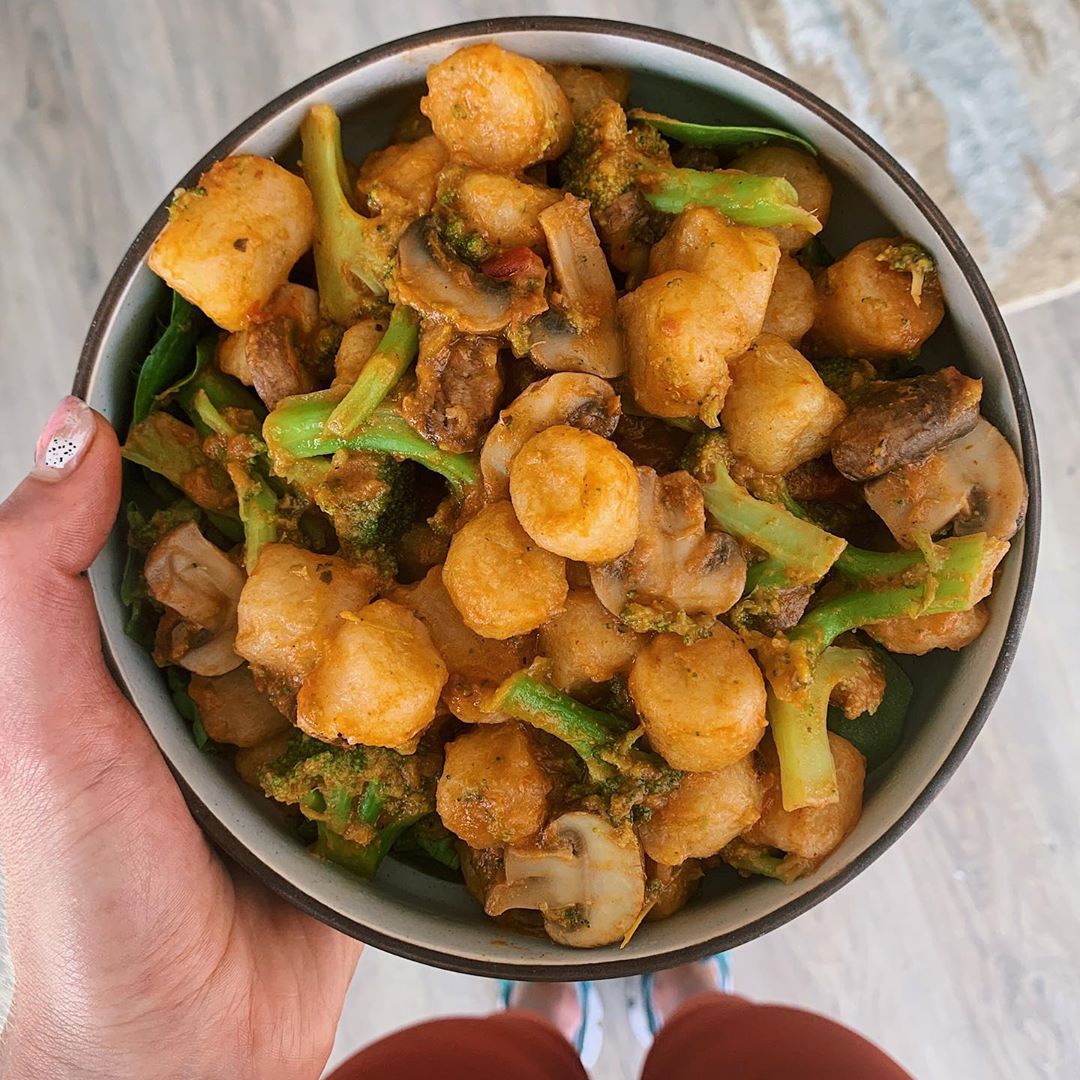 Air-Fried Cauliflower Gnocchi with Vegan African Peanut Sauce