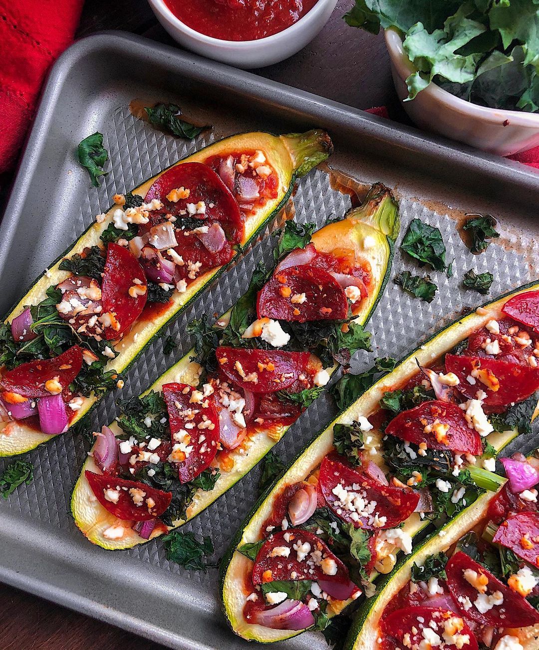 Zucchini Boat Pizzas with Feta and Toppings