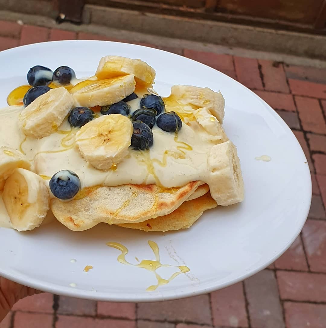 Simple Vegan Pancakes with Fruit and Soya Toppings