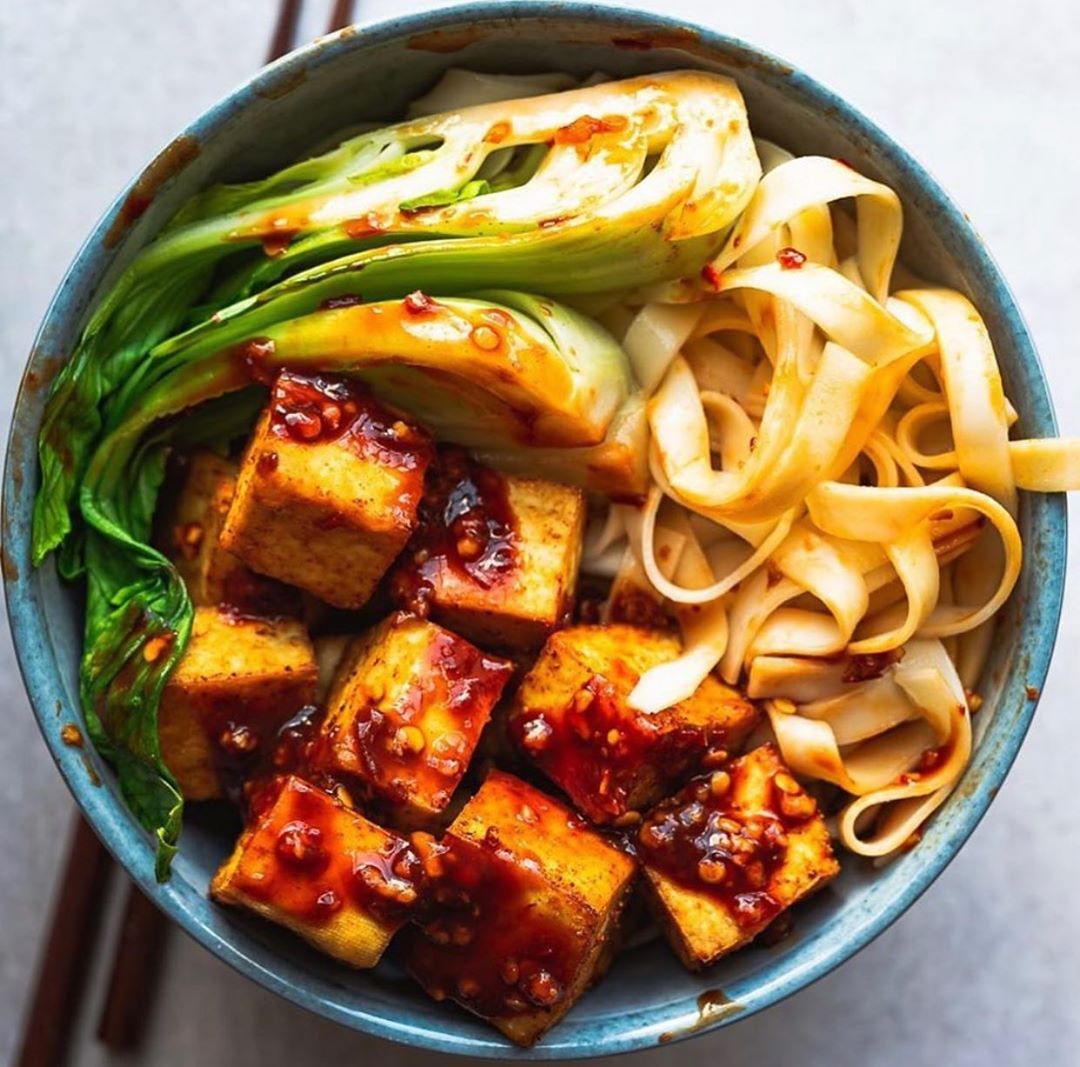 Baked Tofu with Chili Garlic Sauce and Bok Choy