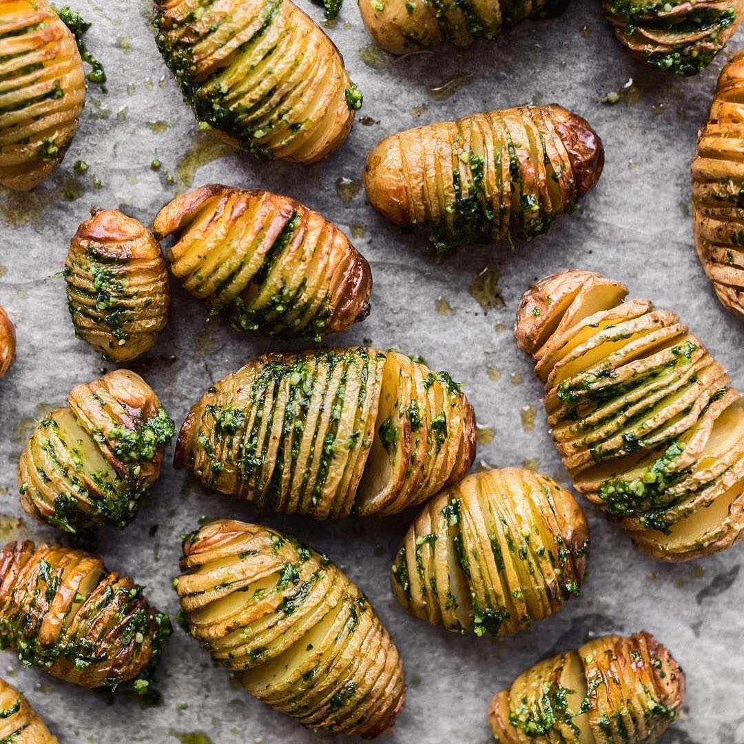 Hasselback Potatoes with Wild Garlic Cashew Pesto