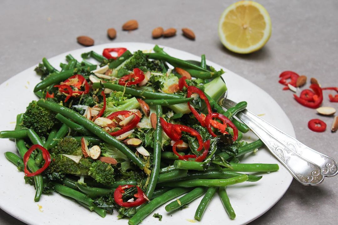 Steamed Broccoli and Green Beans with Almonds and Chili