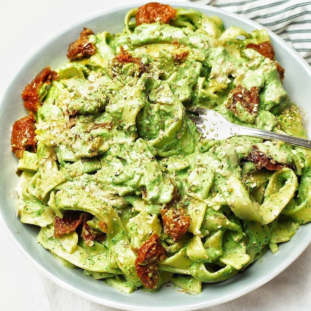 Tagliatelle with Creamy Pesto and Sun Dried Tomatoes