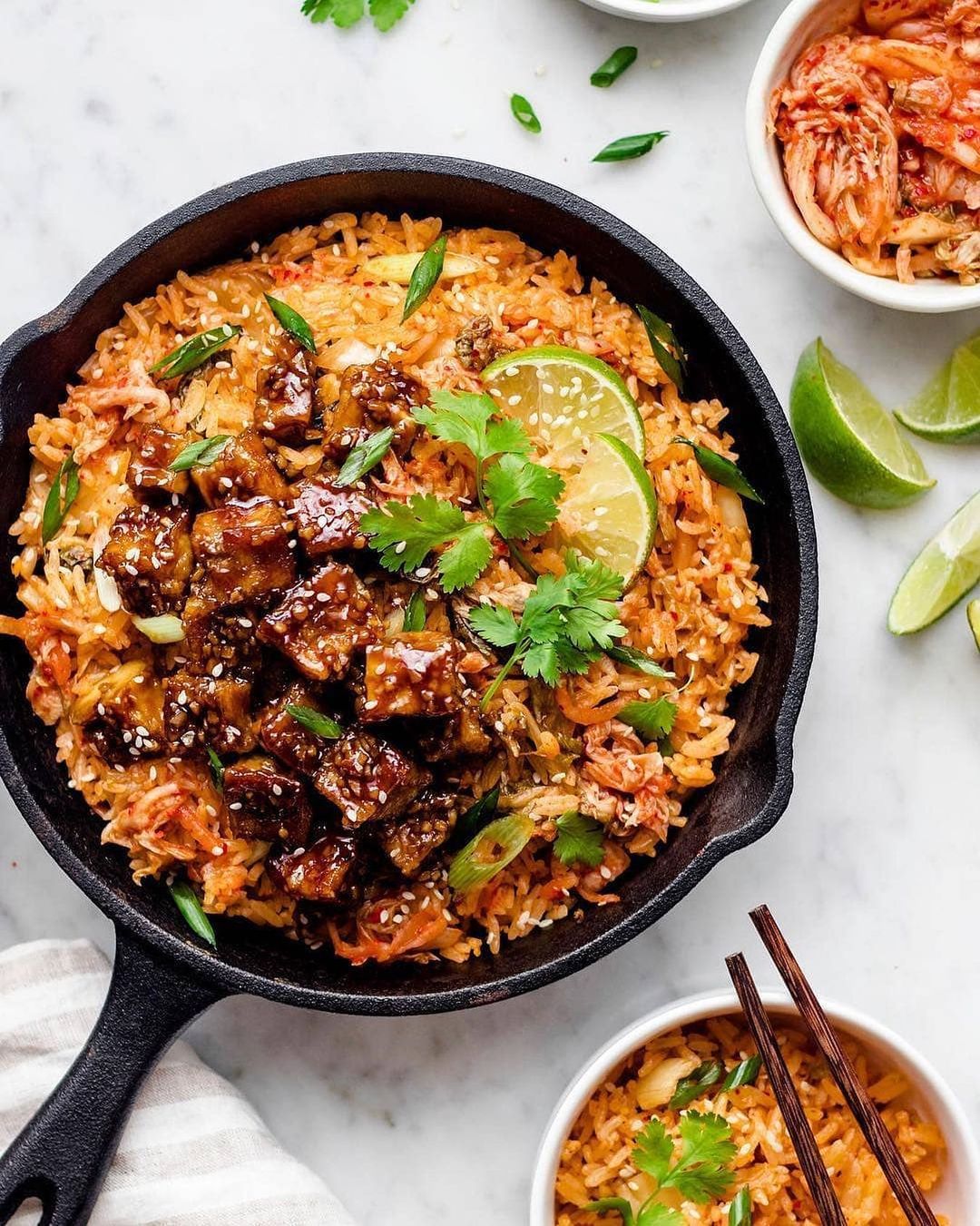 Kimchi Sriracha Fried Rice with Garlic Tofu