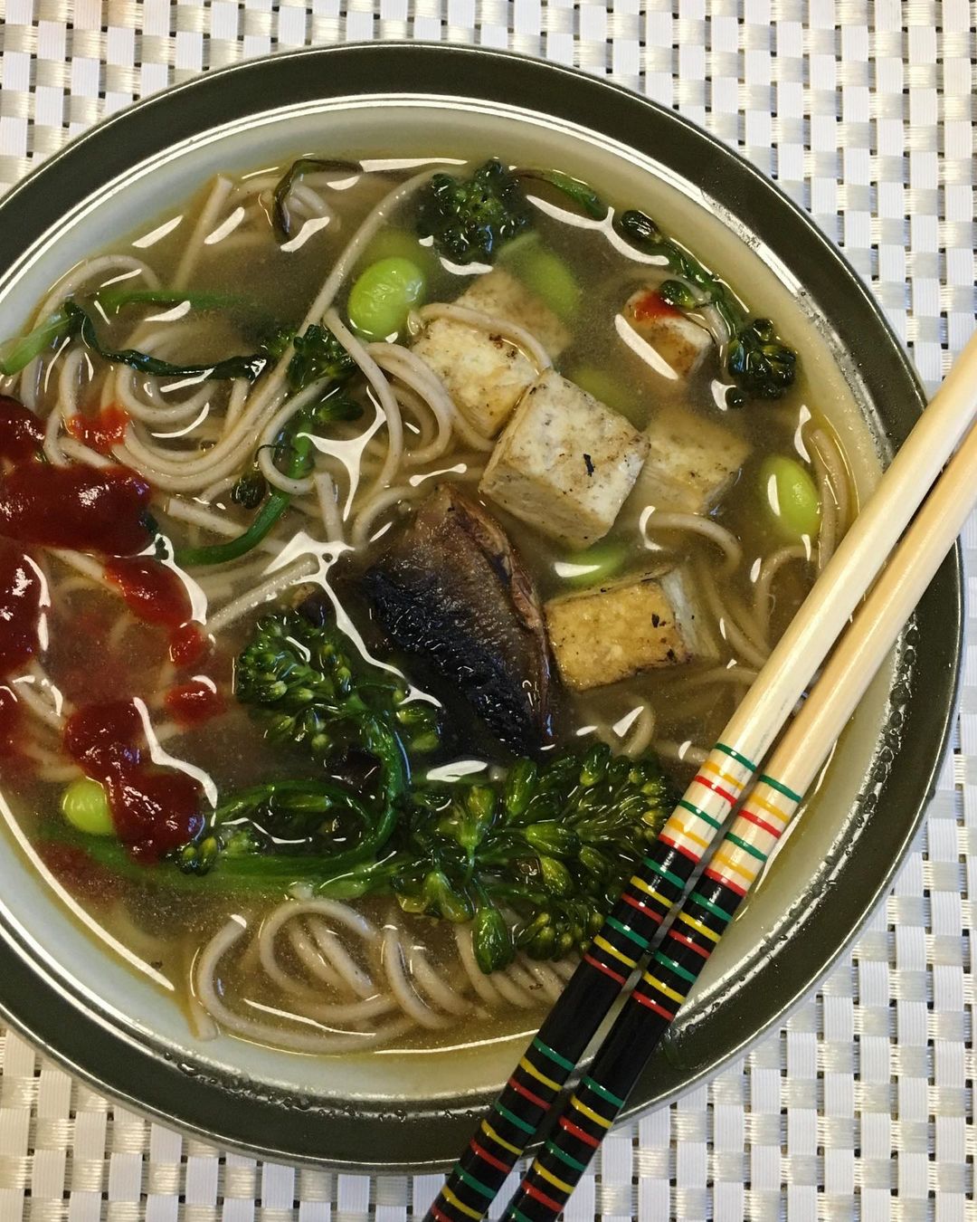 Homemade Soba Noodle Soup with Tofu and Vegetables