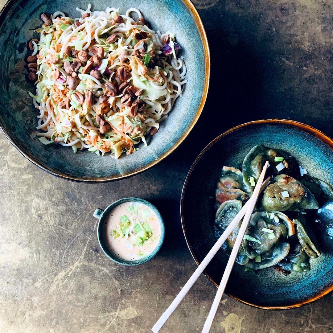 Vegan Dumplings with Cabbage and Rice Noodle Salad