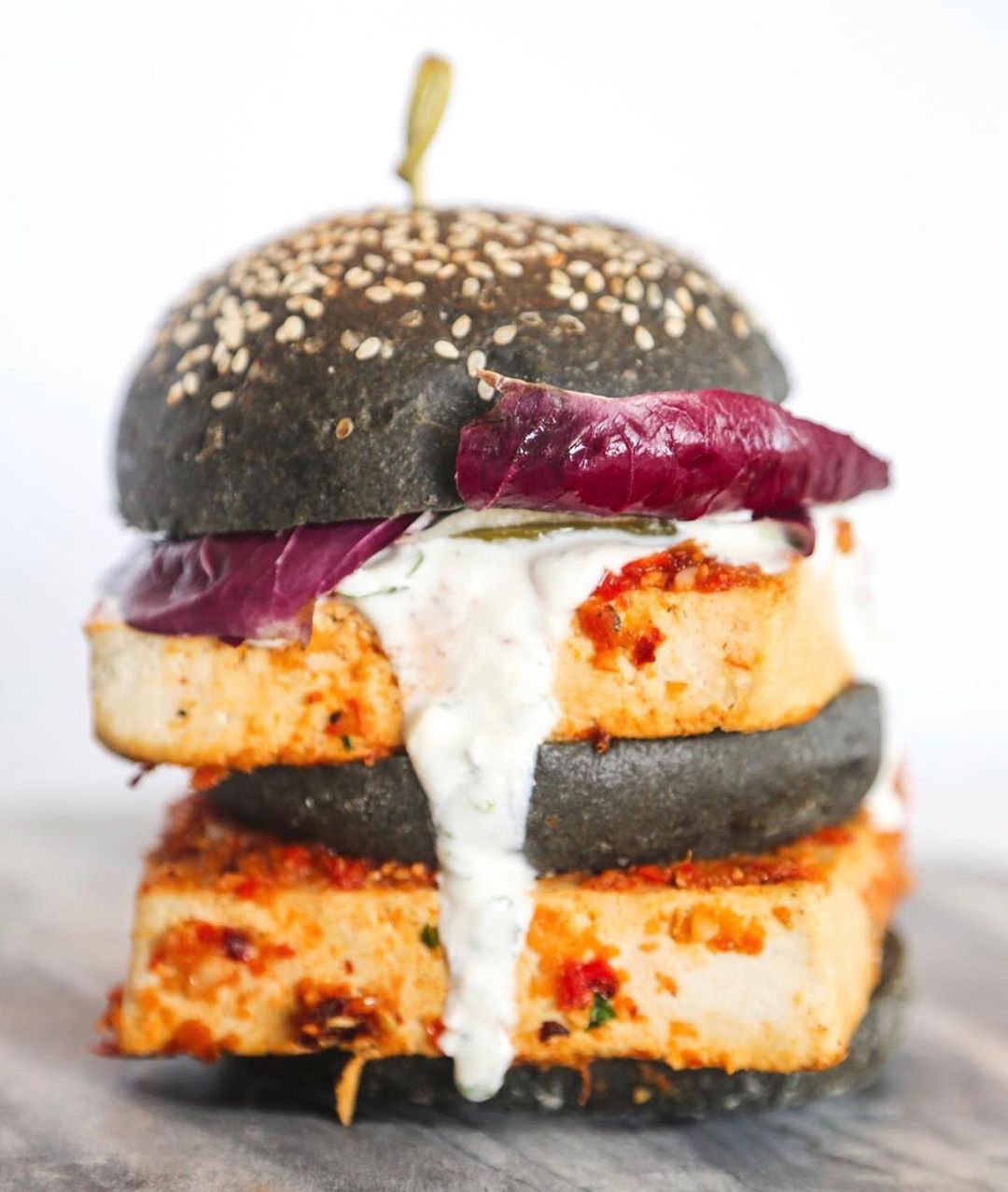 Delicious Spicy Vegan Tofu Burger with Herb Sauce