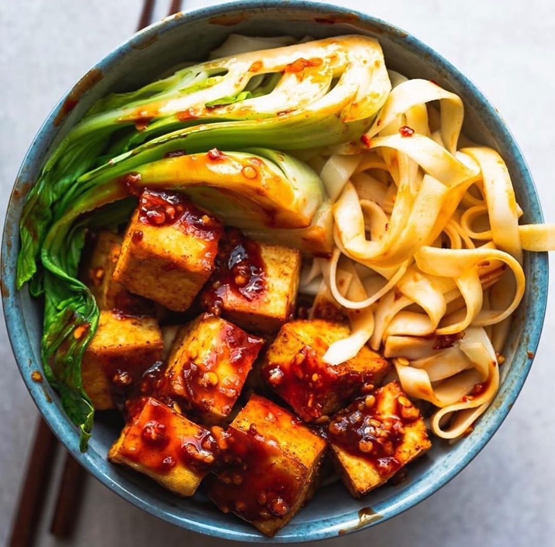 Baked Tofu with Chili Garlic Sauce and Sesame Bok Choy
