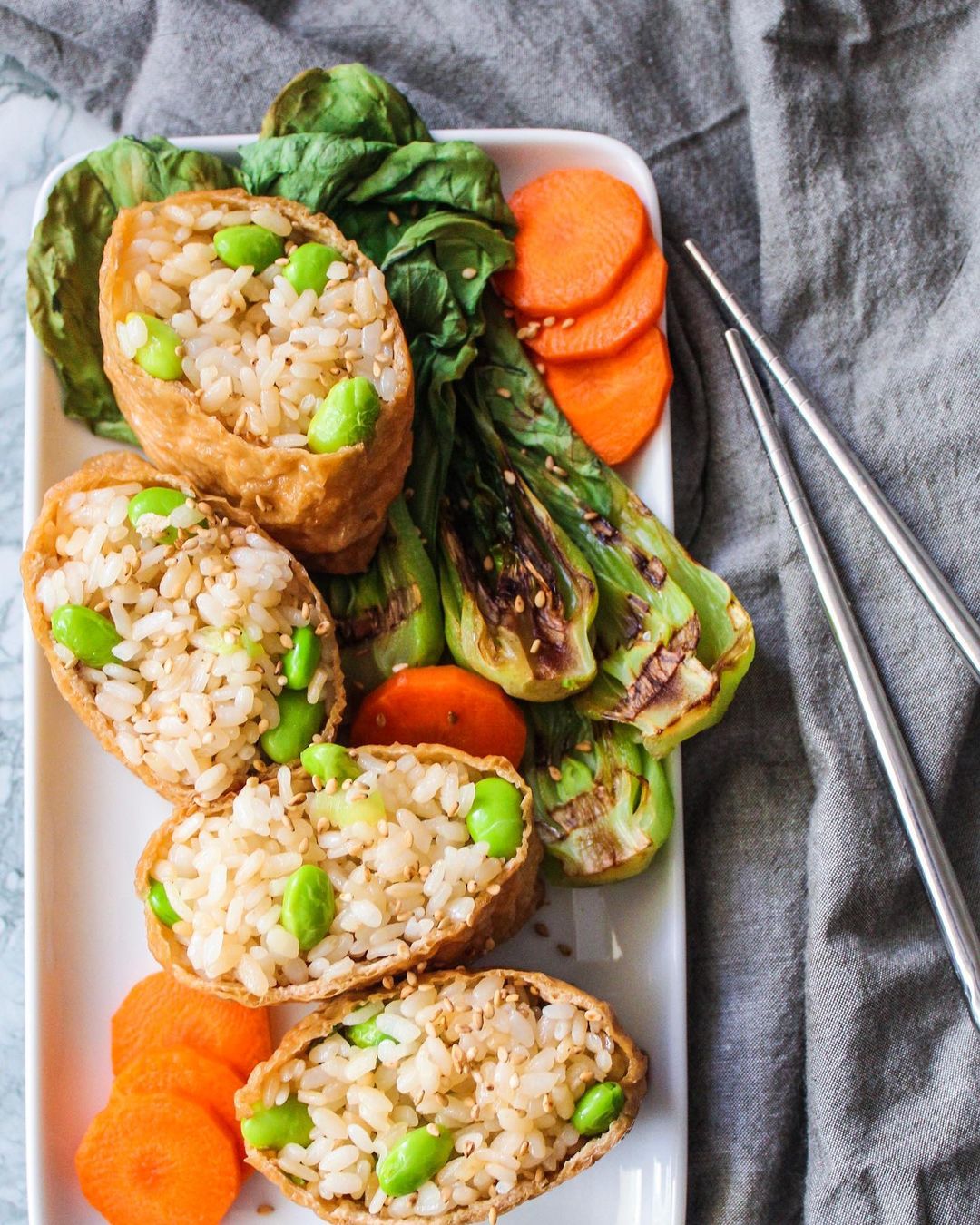 Tofu Pockets Stuffed with Sushi Rice and Edamame