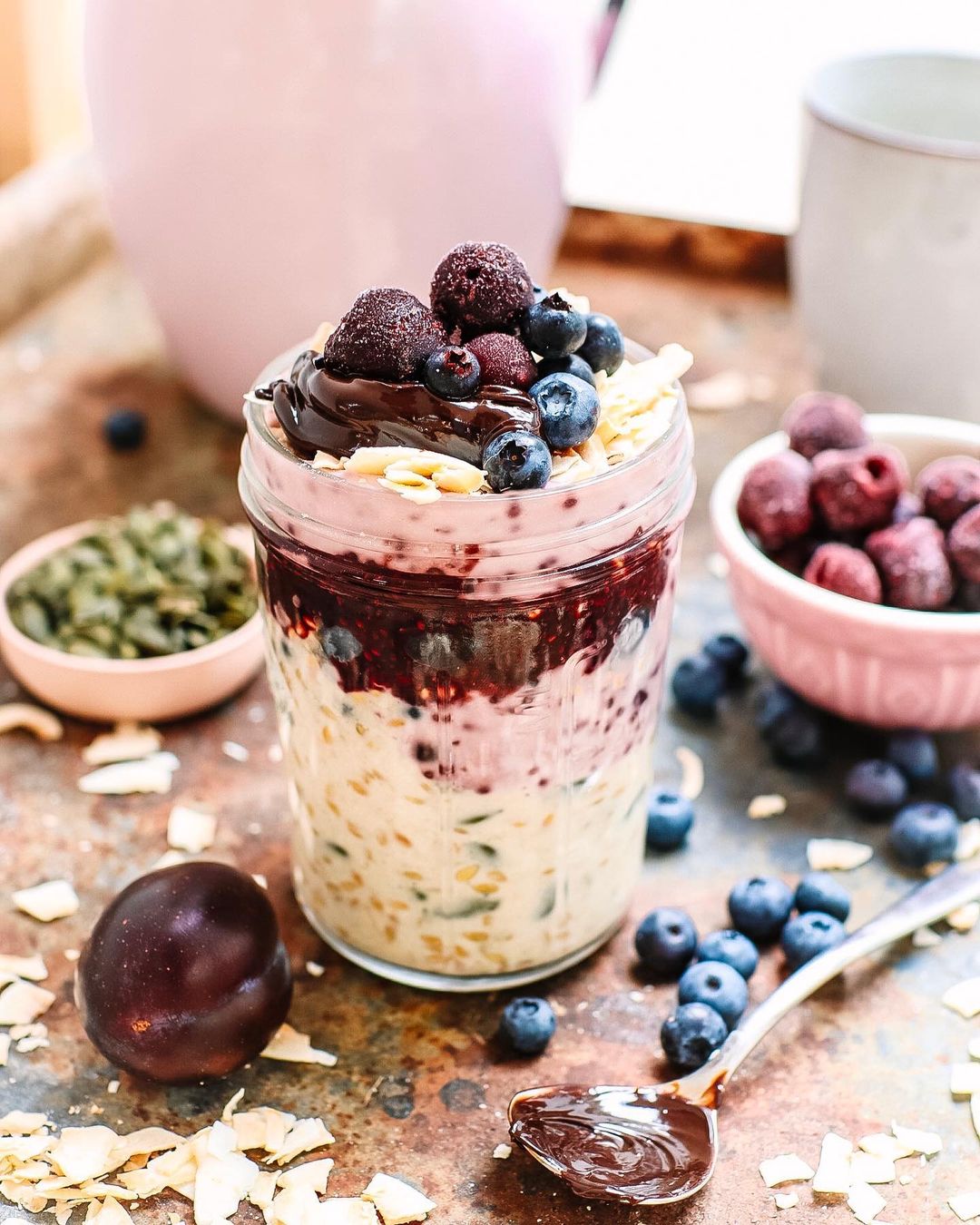 Overnight Oats with Cherry Coconut Yoghurt and Blueberries