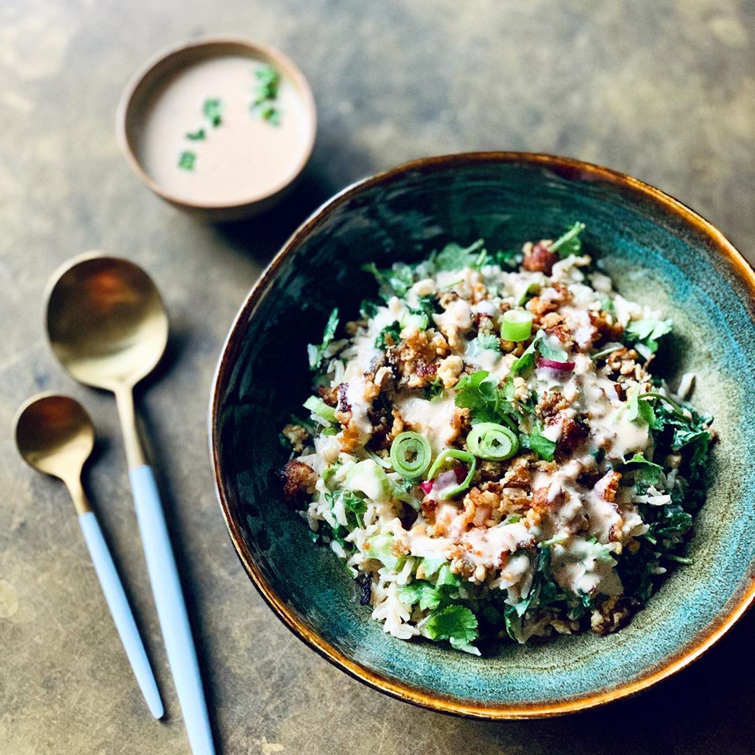 Brown Rice and 5-Spice Tofu Salad with Creamy Citrus Tahini Dressing