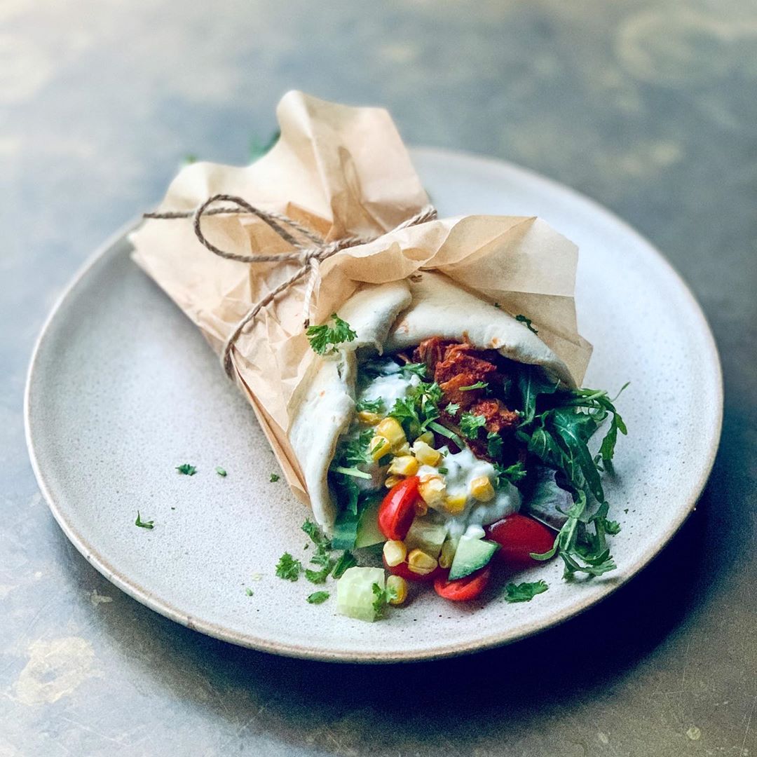 Barbeque Jackfruit Gyros with Tzatziki and Roast Corn
