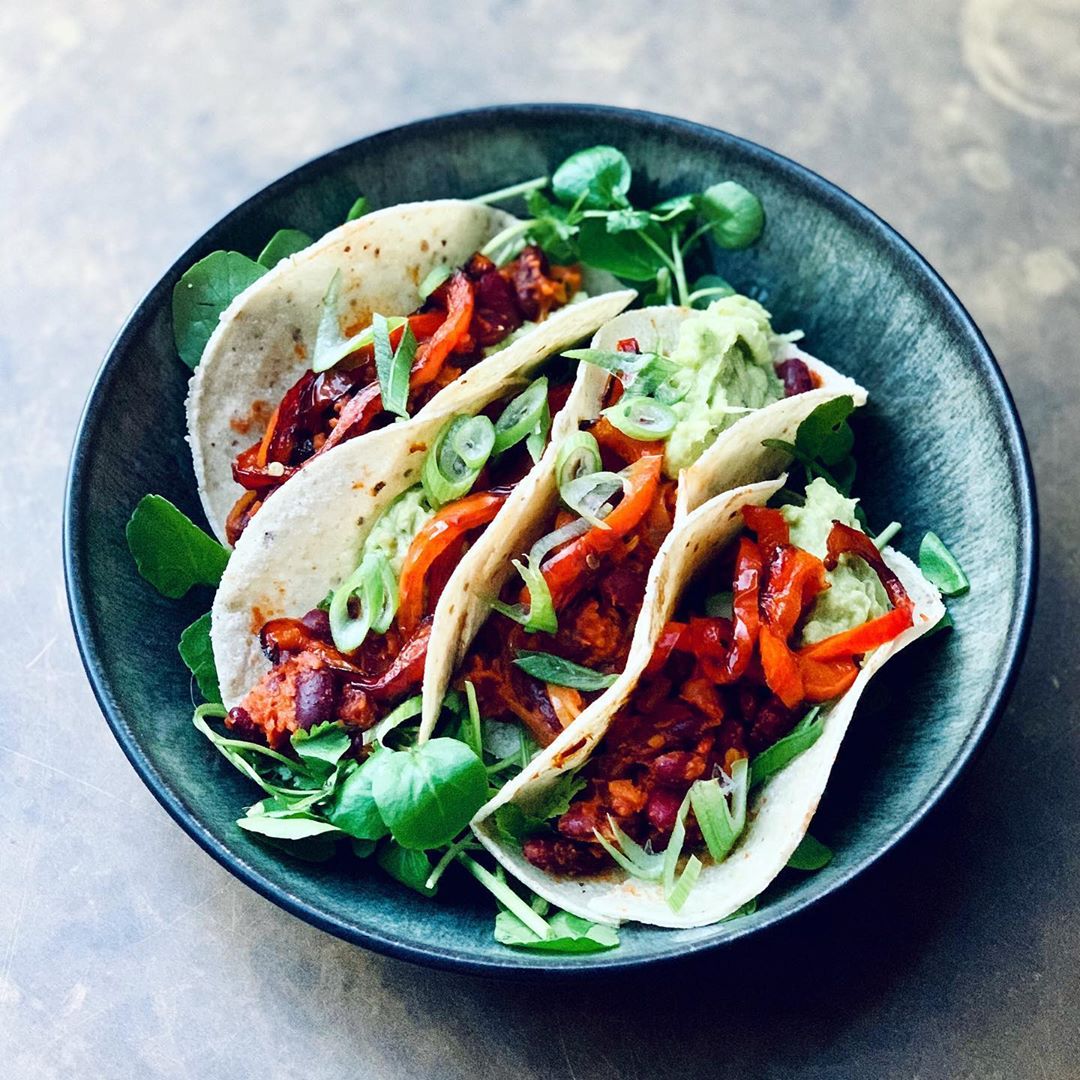 Spicy Bean and Roast Red Pepper Tacos with Avocado Salsa