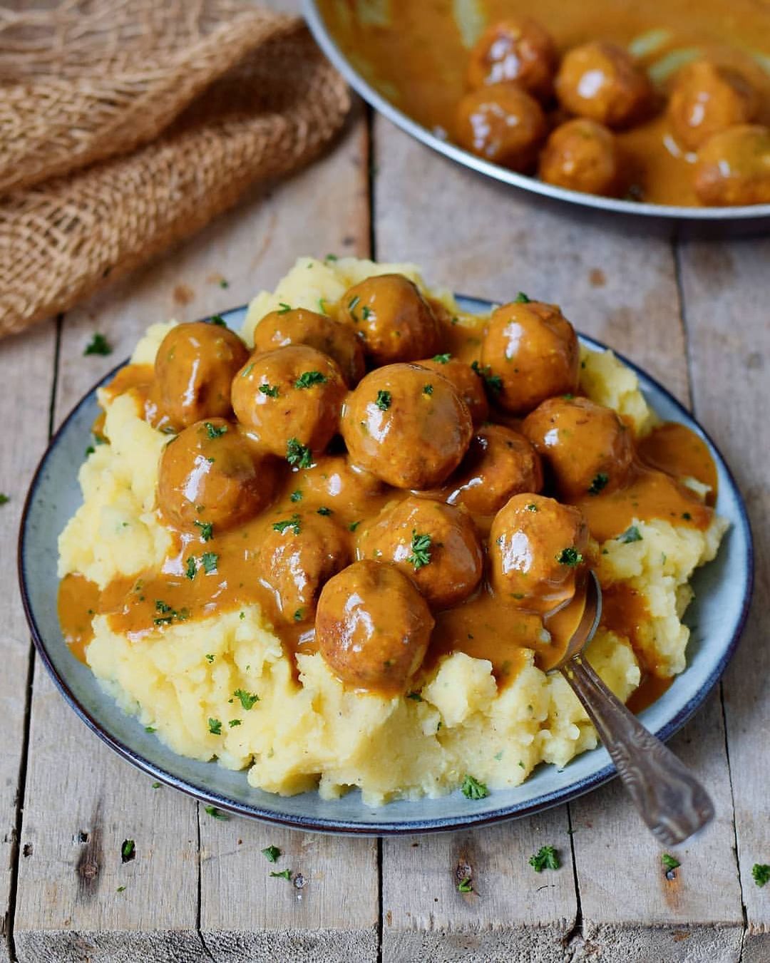 No-Meat Balls with Flavorful Gravy and Mashed Potatoes