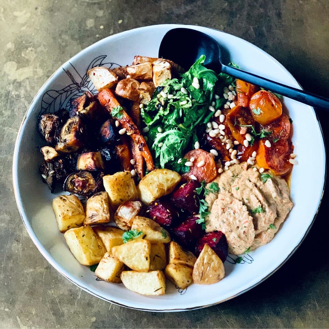 Roast Vegetable Bowl with Chilli Tomatoes and Smoked Paprika Hummus