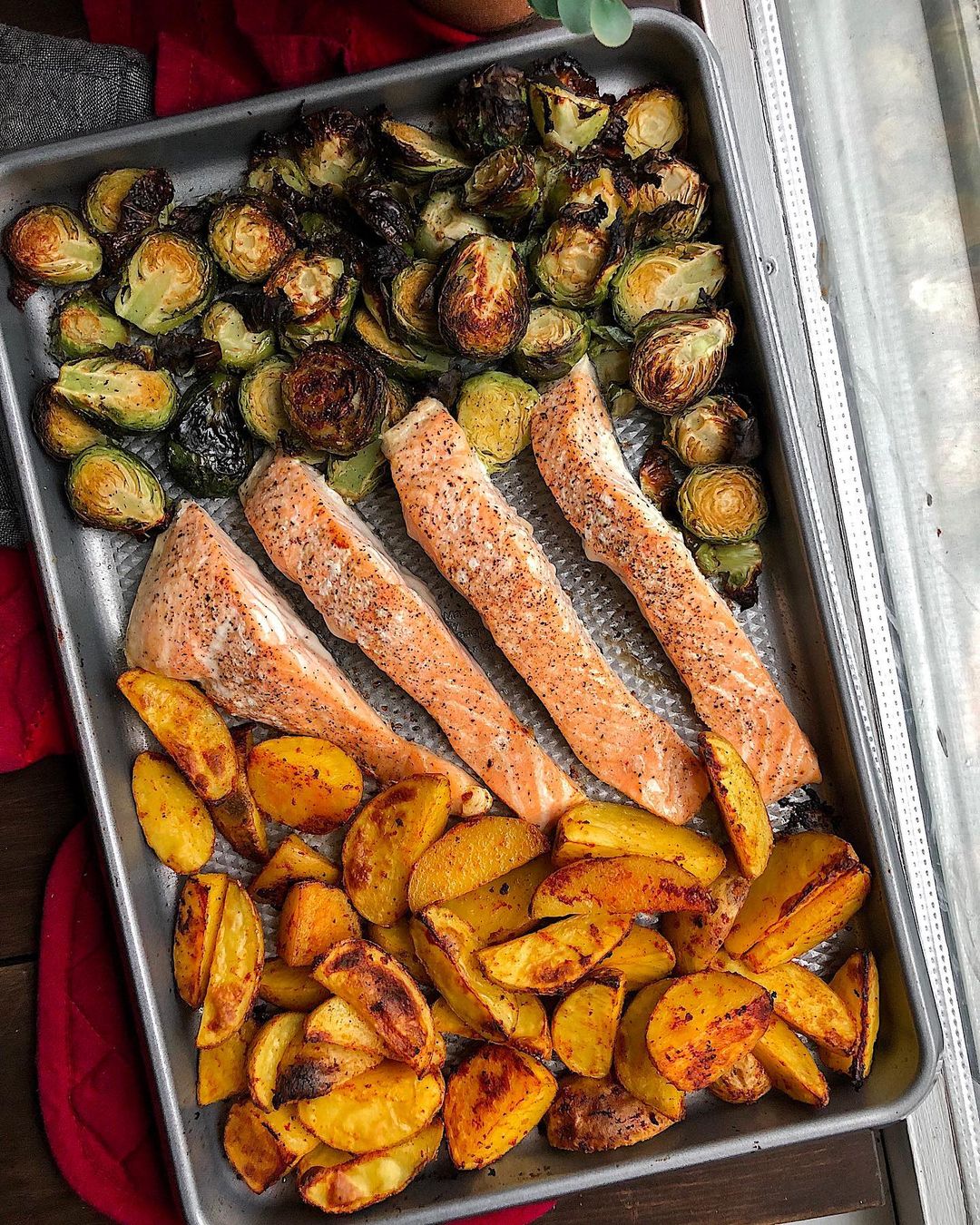 Crispy Salmon with Spicy Potatoes and Roasted Brussels
