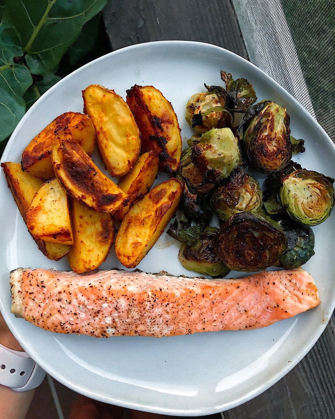 Crispy Salmon with Spicy Potatoes and Roasted Brussels