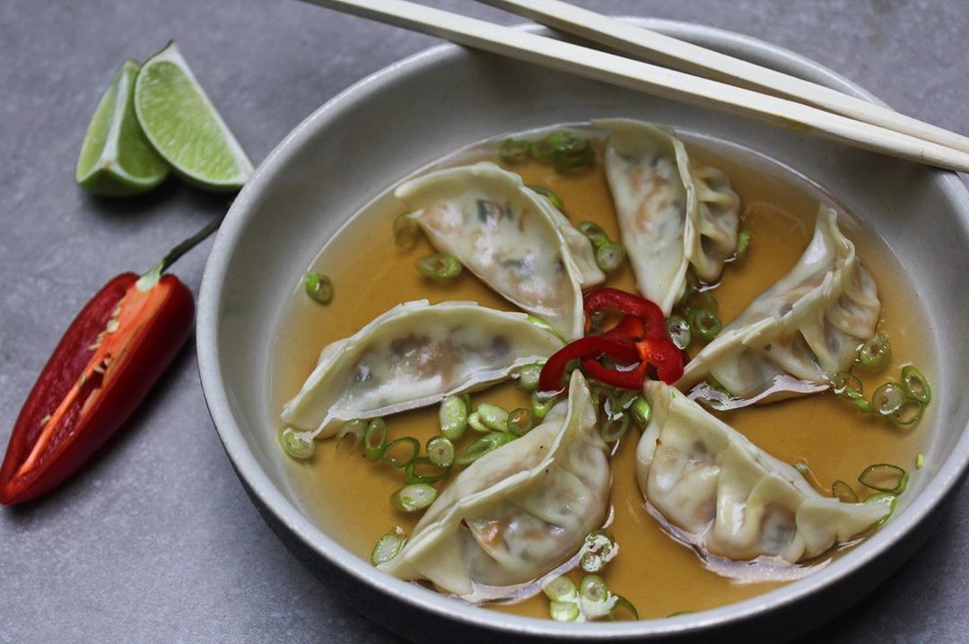 light dish of dumplings in a warming kombu broth