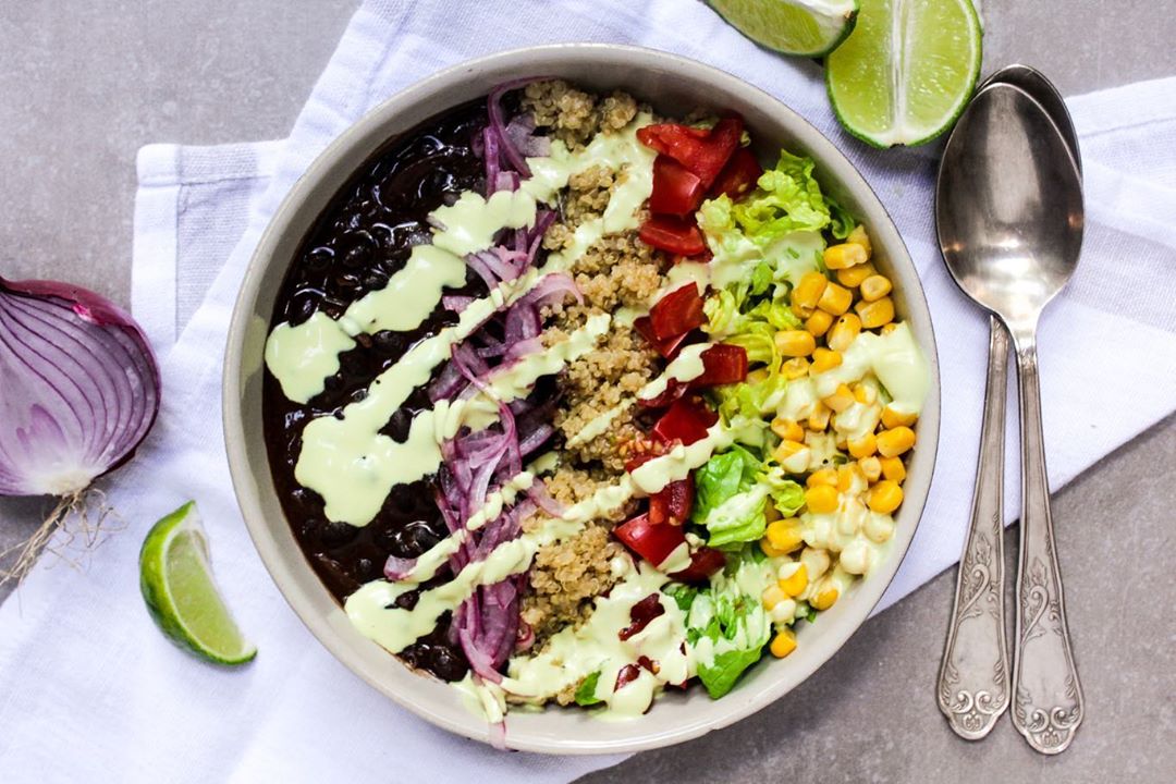 A Spicy Black Bean Buddha Bowl with a Creamy Cashew Cheese Dressing