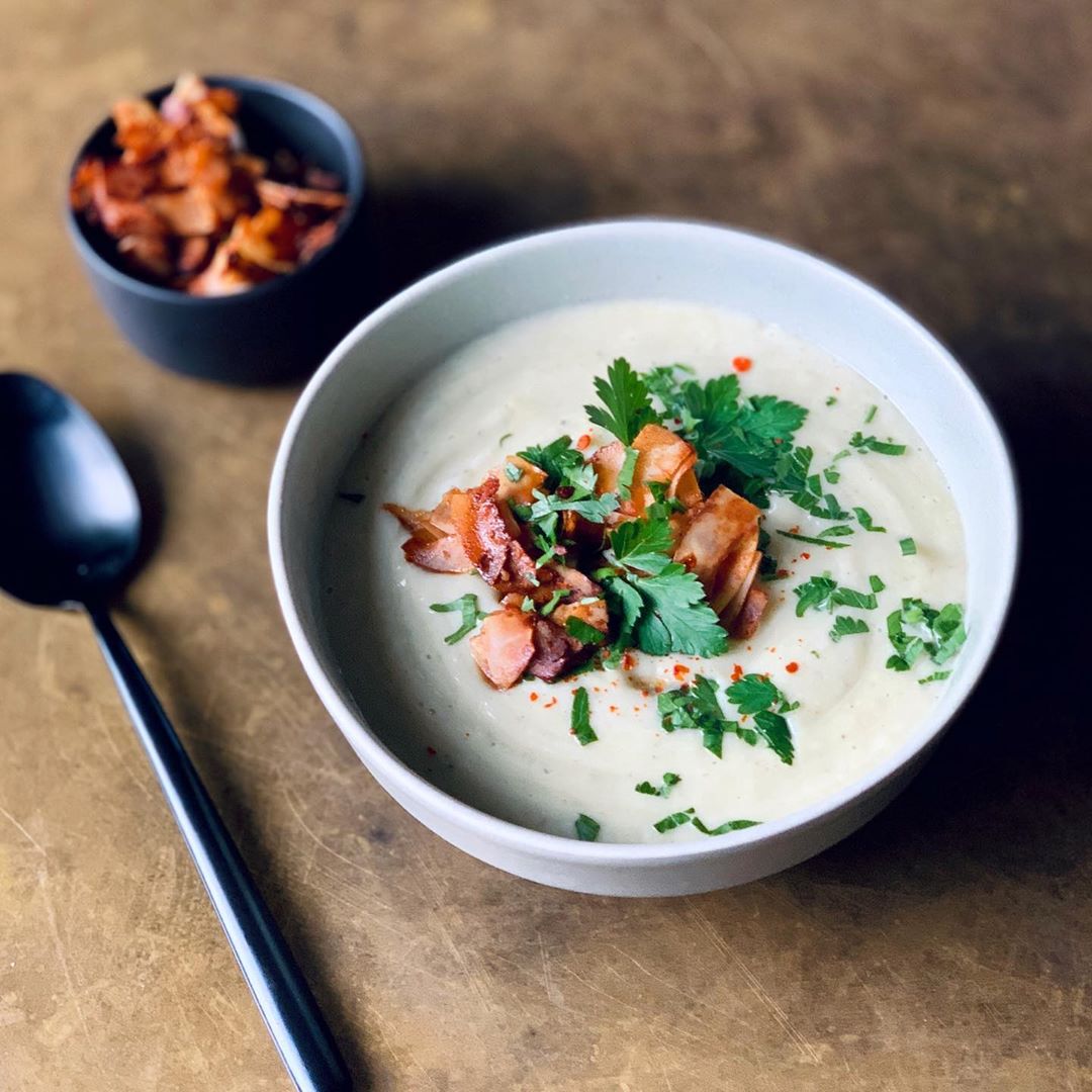 Creamy Cauliflower Soup with Coconut Bacon