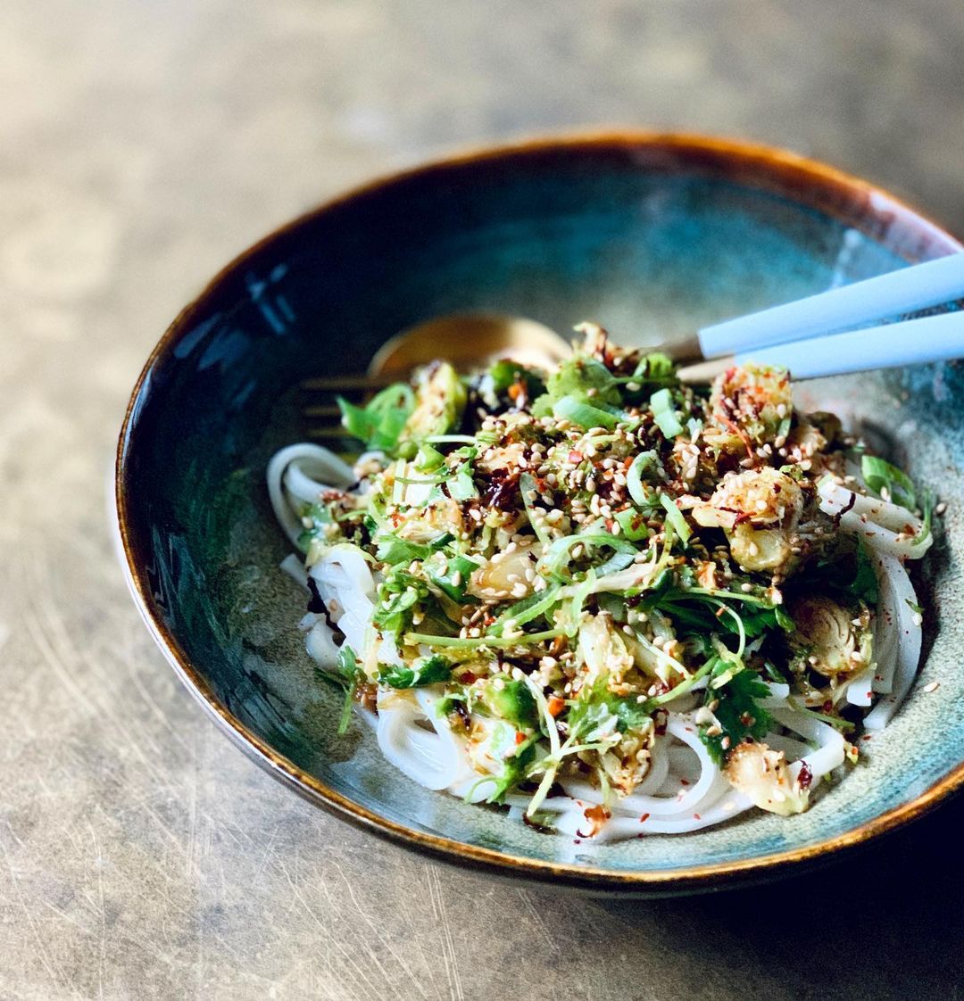 Hot Honeyed Brussels Sprouts with Udon Noodles