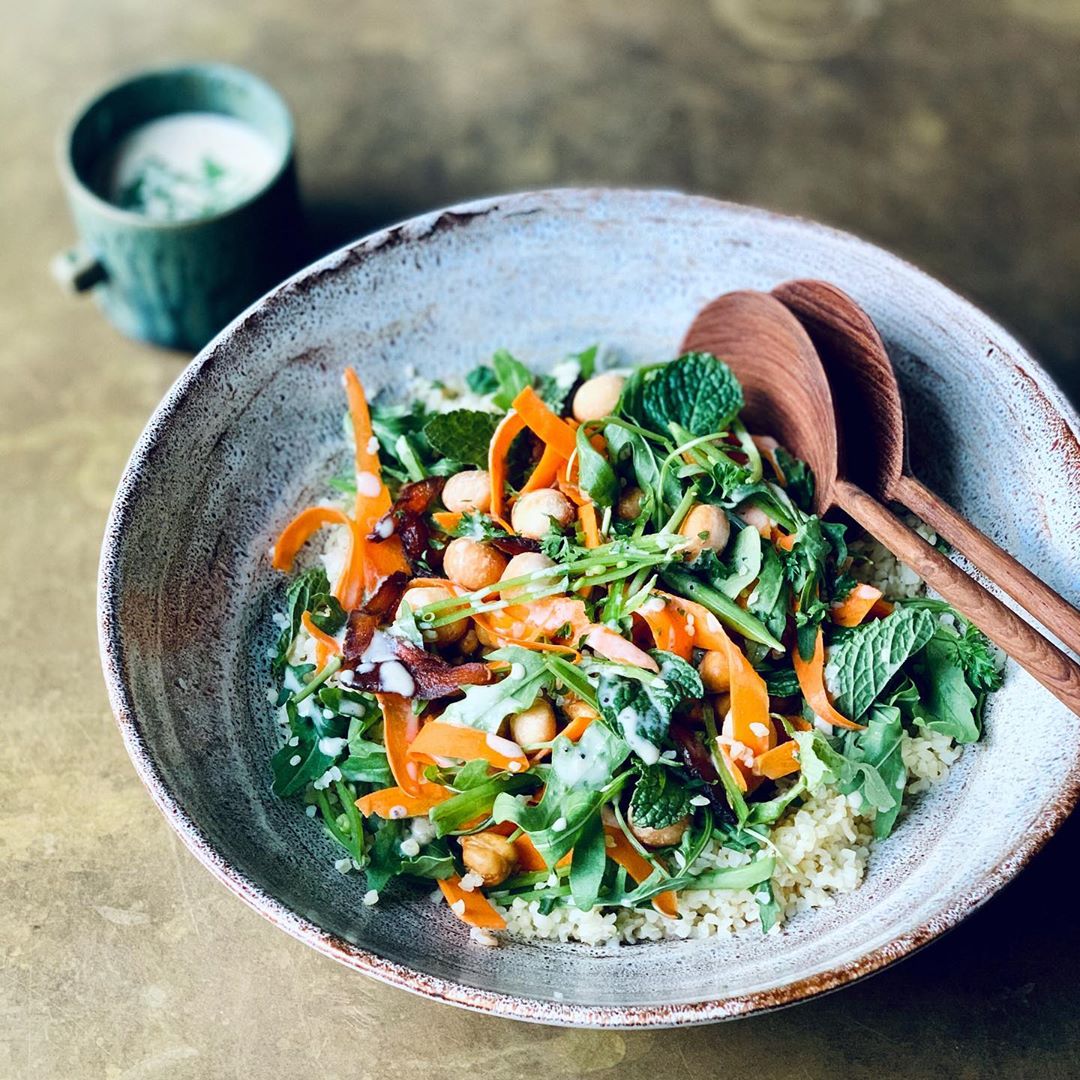 Shaved Carrot Spiced Chickpea Macadamia Salad