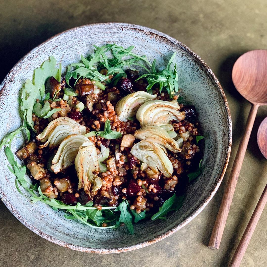 Dukkah Roast Vegetable and Sorghum Salad with a Creamy Almond Dressing