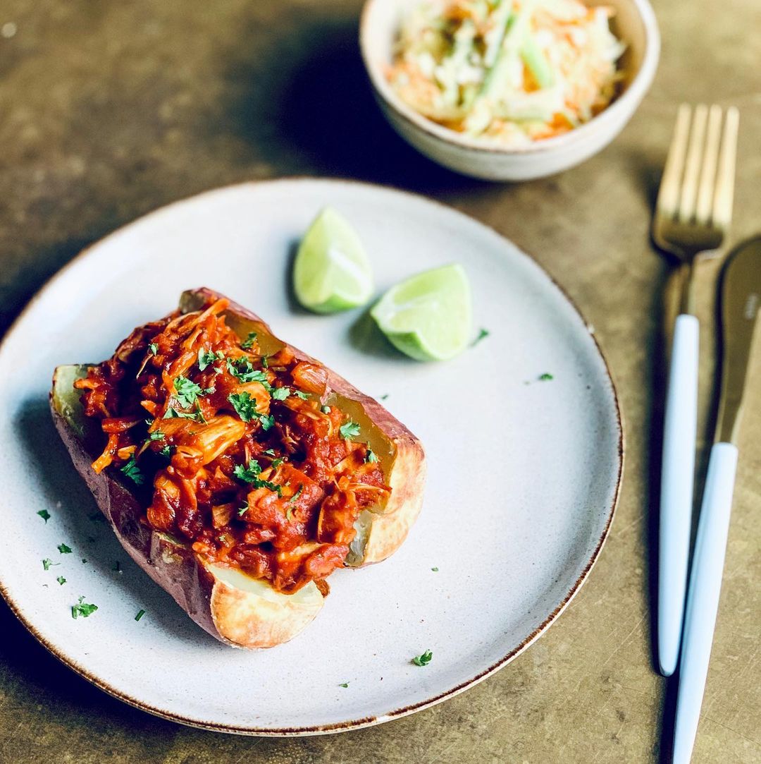 Baked Sweet Potato with BBQ Jackfruit and Spicy Slaw
