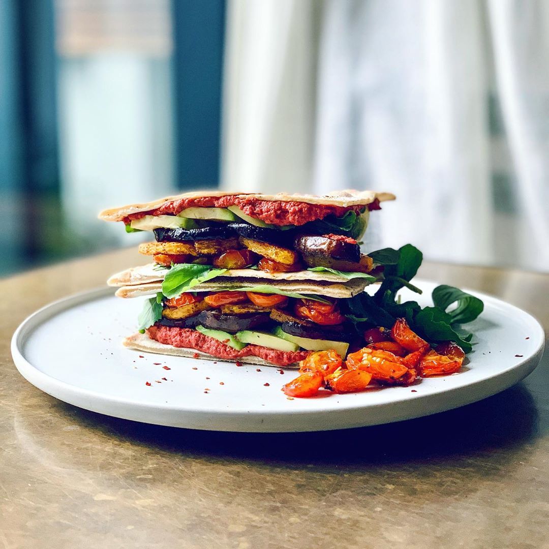Roast Veggie Tortilla with Beetroot Carrot Hummus