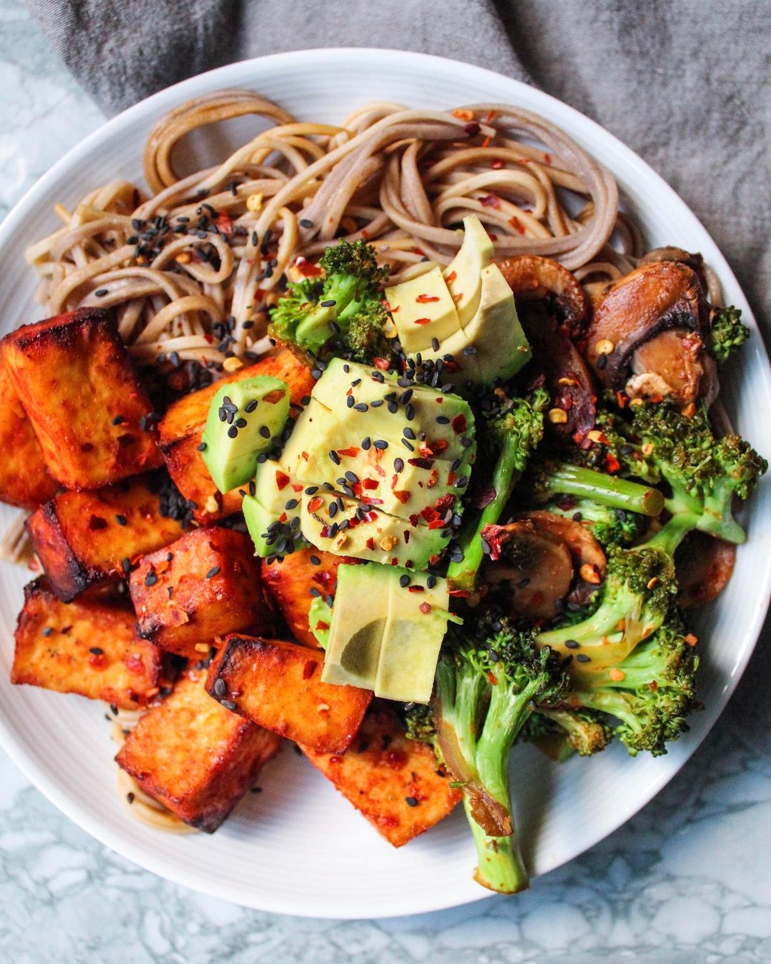 Quick BBQ Tofu Noodle Bowl with Veggies
