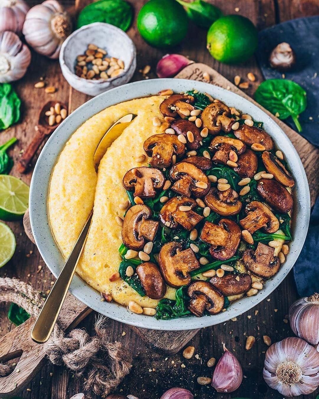 Creamy Vegan Polenta with Mushrooms and Spinach
